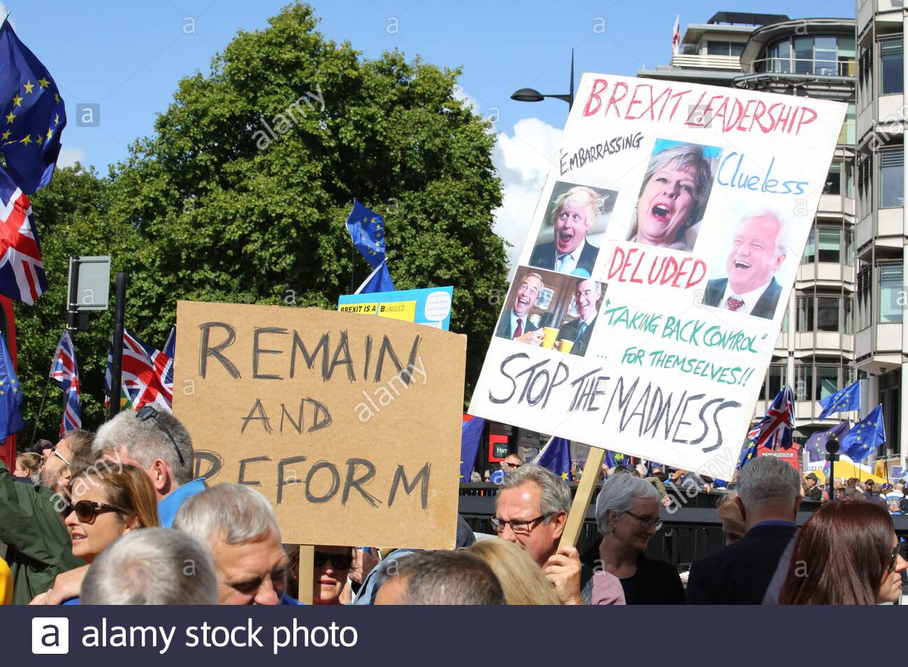Cartelloni detenute aloft da anti-Brexit sostenitori Foto Stock