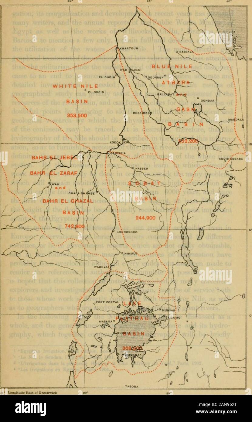 Il physiography del fiume Nilo e bacino è . ora traccia, sebbene imper-fectly, alcune delle più importanti caratteristiche strutturali dell'area. Finora, la sorgente del Nilo sui)tela, la sua quantità, la sua periodicità,la possibilità di aumentarlo a basso stadio e di custodire againstdangers eccessivo di inondazioni sono state la speciale jjoints del riverregimen che hanno ricevuto attenzione. La storia egiziano di irri- 1 Libro blu. Egitto n. 2, 1901. " Cairo, 1904 e Blue Book, Egitto, No. 2, 1904. &Gt; il Nilo ui lao4, Londra. 1904. Il bacino del Nilo superiore piastra I. È. 20 IO^ii^Uude Kast di Foto Stock