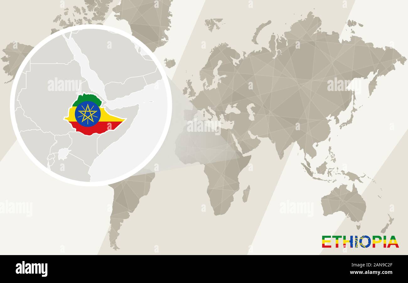 Zoom sulla Mappa di Etiopia e bandiera. Mappa del mondo. Illustrazione Vettoriale