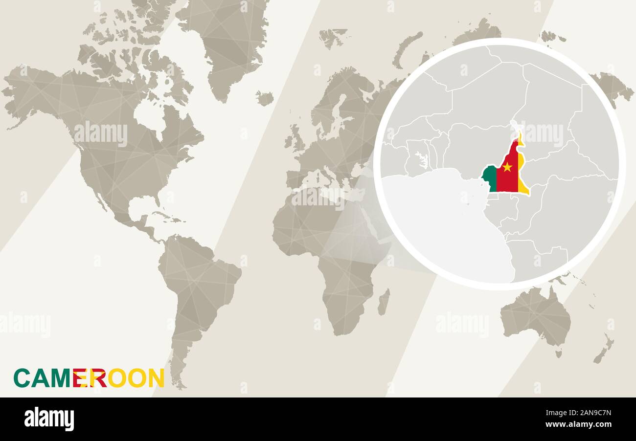 Zoom sulla mappa del Camerun e bandiera. Mappa del mondo. Illustrazione Vettoriale