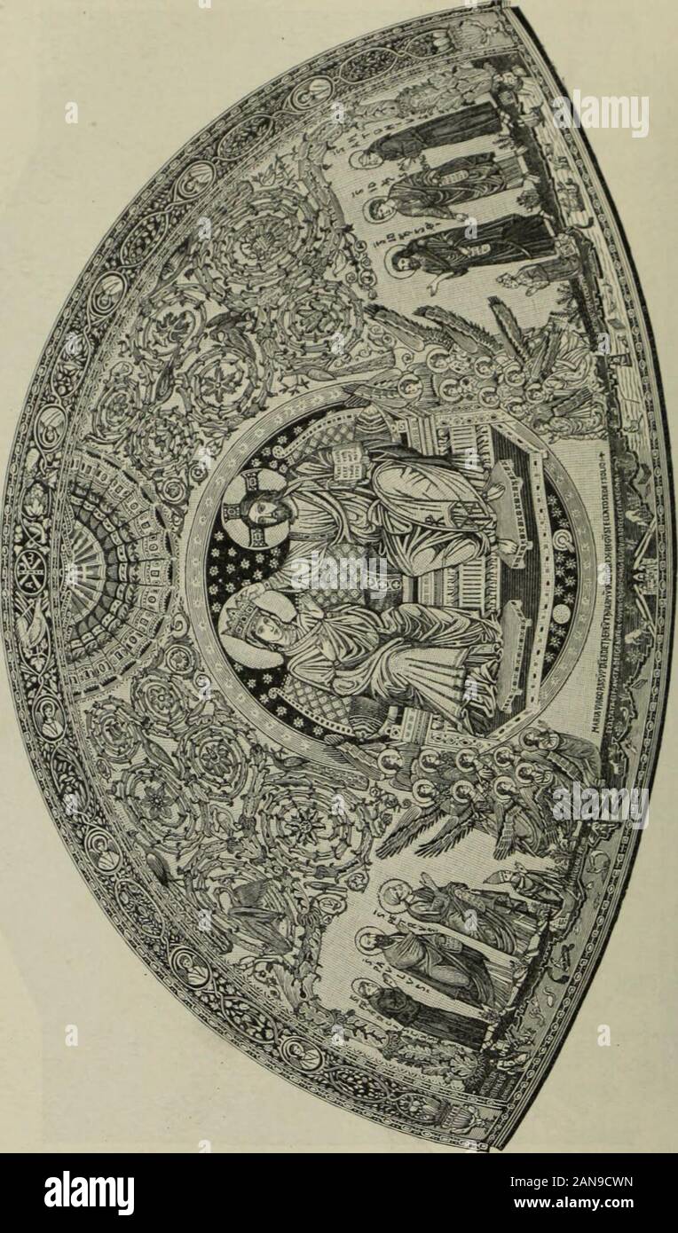 Geschichte der christlichen Kunst . Un o O &lt; Heiland zwischen Aposteln, in seinen Formen und Typen viel stärker unerfreulicherund von byzantinischem Einfluss durchtränkt. Auch das Facaden-mosaik der Domkirche zu Spoleto (1207) gehört dieser Richtung un. Hatdieselbe, wie bemerkt, ihren directen Anstoss Byzantinismus dem zu ver- Siebzehnte" Bach. danken, bo isl doch da te in ihren Leistungen zum Thei] nicht muore"Bondern den Reminiscenzen sJtchristlich-römischer Kunst, welche hier zur Vi r-wendung kommen, auf Rechnung zu setzen. Zu diesen klar ausgesprochenen. 3o - ÖD S o3 Erinnerungen zählt vo Foto Stock