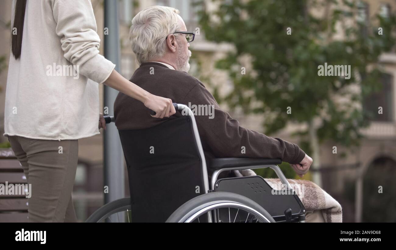 Donna con nonno di disabili in carrozzella passeggiate nel parco, volontariato Foto Stock