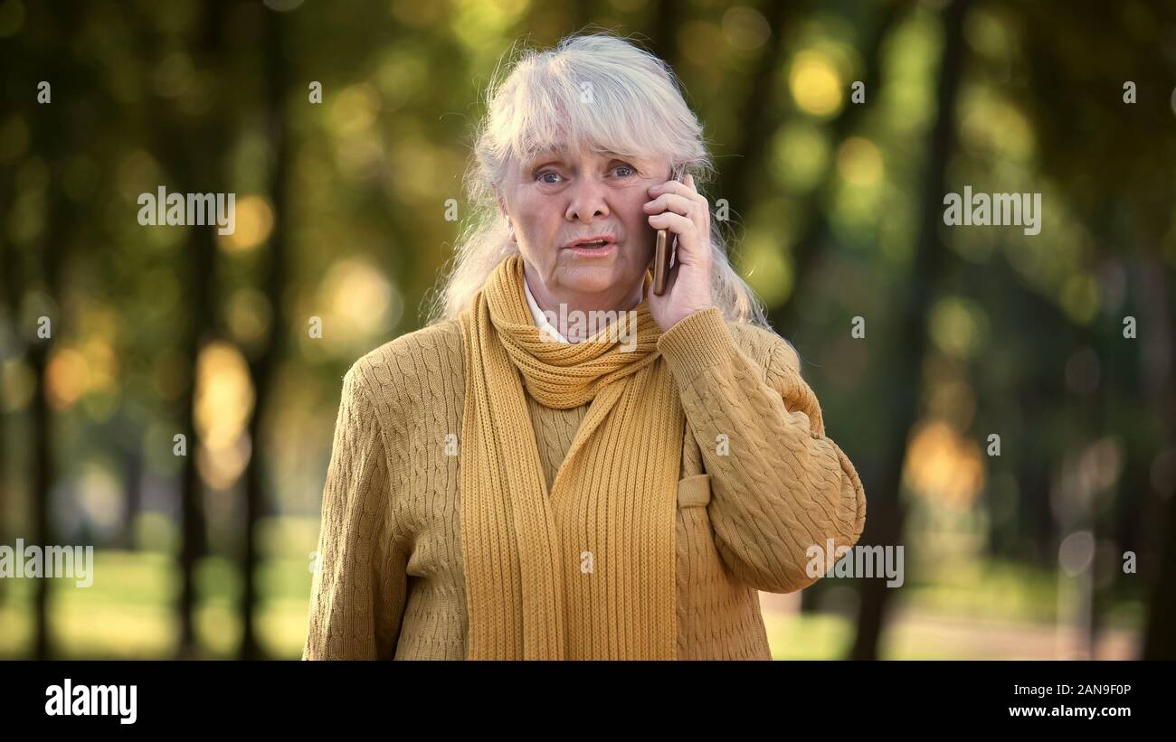 Triste senior lady parlando al telefono mobile nel parco, solitario, non la famiglia e gli amici Foto Stock