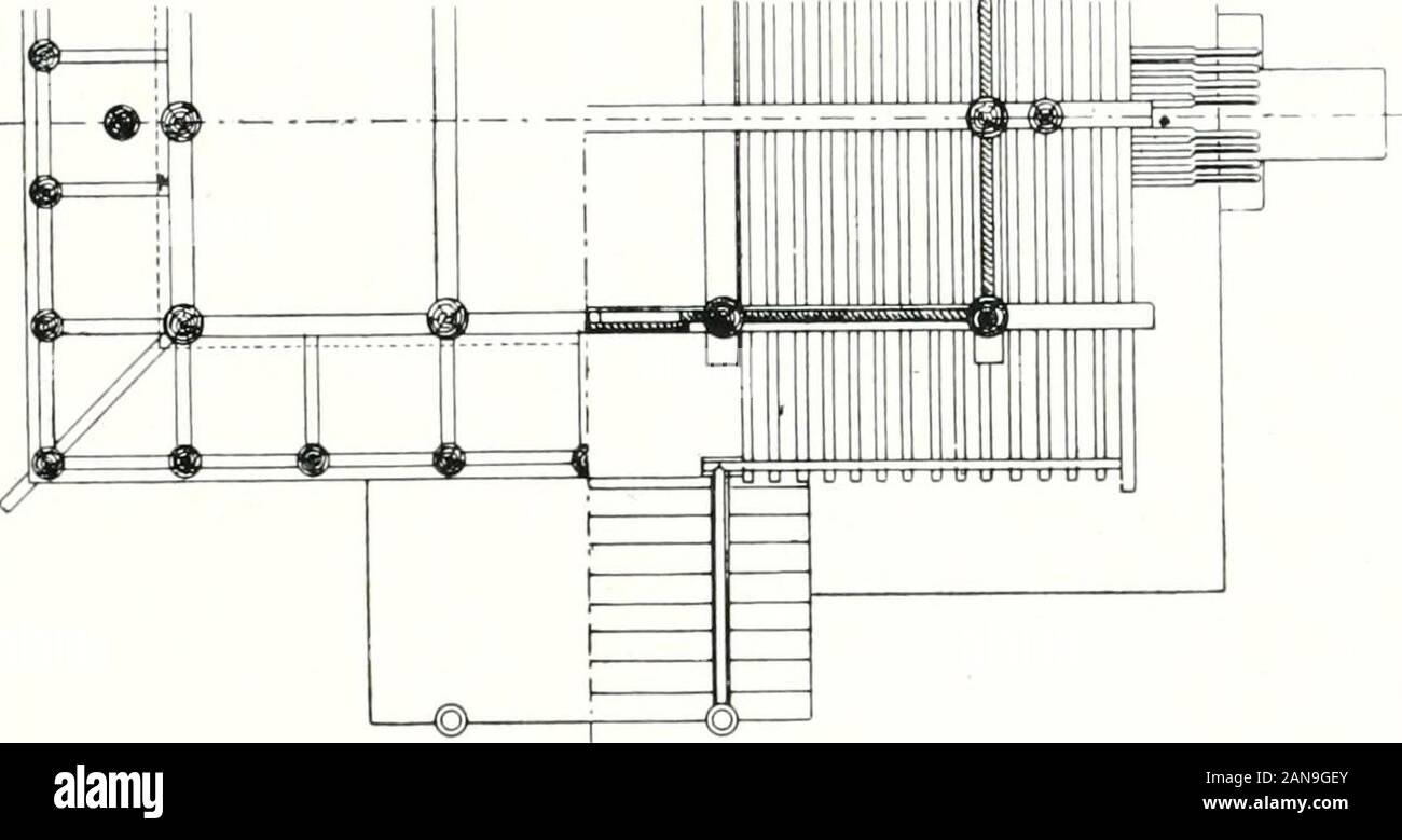 Die Architektur der Kultbauten laccati. . Vorderansicht. Seitenansicht. Längenschnitt.. JL i "4^ GrundrilJ. Untoransicht Daches dos. Abb. 234. Tempel in Shimmeistil. 1:150. der unten Tempelzelle sichtbar bleibenden Sjjarren haben engeTeilung. Die ümfassungswände sind wie der ganze Bauvon Holz und durch wagerechte Bretter abgeschlossen. DasBrüstungsgeländer, Corano, besteht aus einer oberen mano-leiste von rundem Querschnitt und einer mittleren und unte- Baltzer, Kultljautcn. 14 210 ren Langscliwelle von rechteckitjem Querschnitt, die sich anden Ecken etwas übersehneiden; die Pfosten zeigen gevier Foto Stock