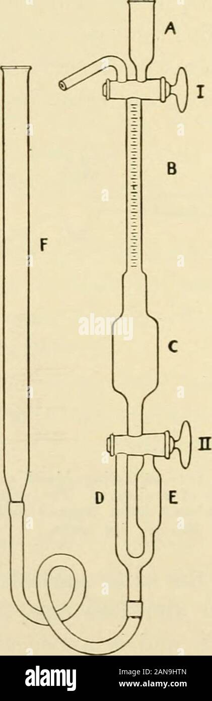 Fisiologia e Biochimica in medicina moderna . yringeshould essere spostata avanti e indietro diverse volte, ma essa non deve bshaken. Dopo centrifugazione, circa 3 c.c. di plasma vengono rimossi e saturatedwith CO, alla stessa tensione come in aria alveolare (es. 5,5 per cento). Questo 44 basi chimico-fisiche di processi fisiologici è fatto collocando il plasma in un imbuto di separazione di 300 capacità c.c.,recante l'imbuto sul suo lato e spostare l'aria in esso da airsecured alveolare da rapidamente rendendo come una profonda ispirazione come possibile attraversoil tubo e bottiglia contenente perle di vetro (Fig. 10). Th Foto Stock