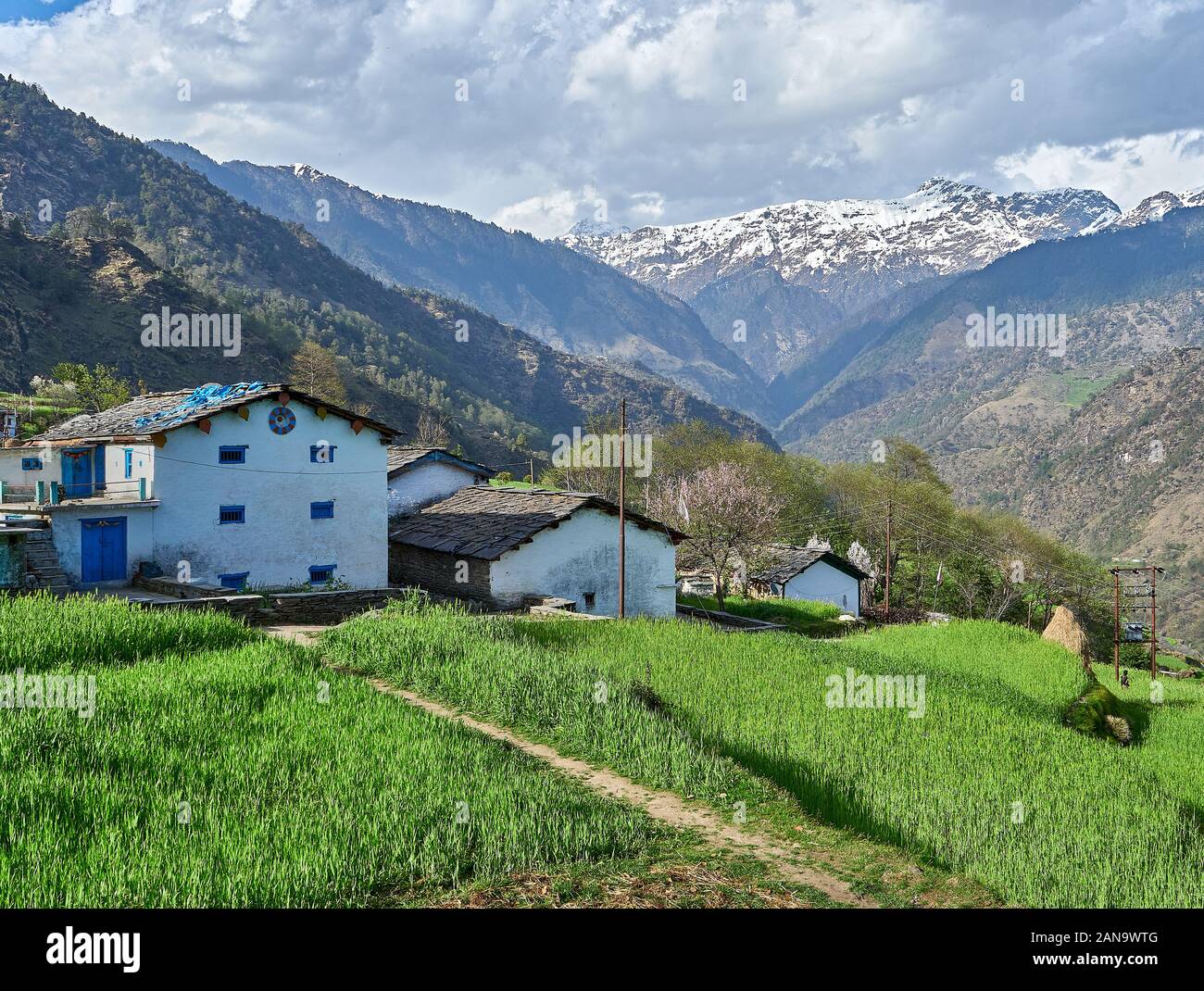 Angolo del villaggio Supi nella Valle Saryu di Uttarakhand India mostrando tipiche case comunali edifici agricoli e terrazze con Himalaya oltre Foto Stock