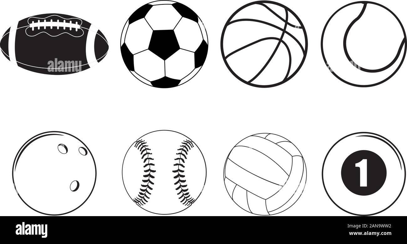 Set di silhouette sport balls icona raccolta su sfondo bianco Illustrazione Vettoriale