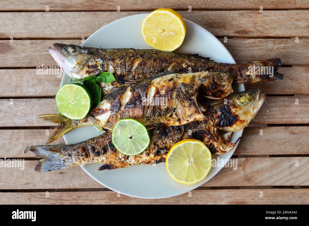 Sani e freschi di pesce di mare, spigola e salpe porgy, piatti alla griglia e servita con succo di limone, lime e foglie di basilico in un colore bianco porcellana piastra sul vecchio tavolo in legno Foto Stock