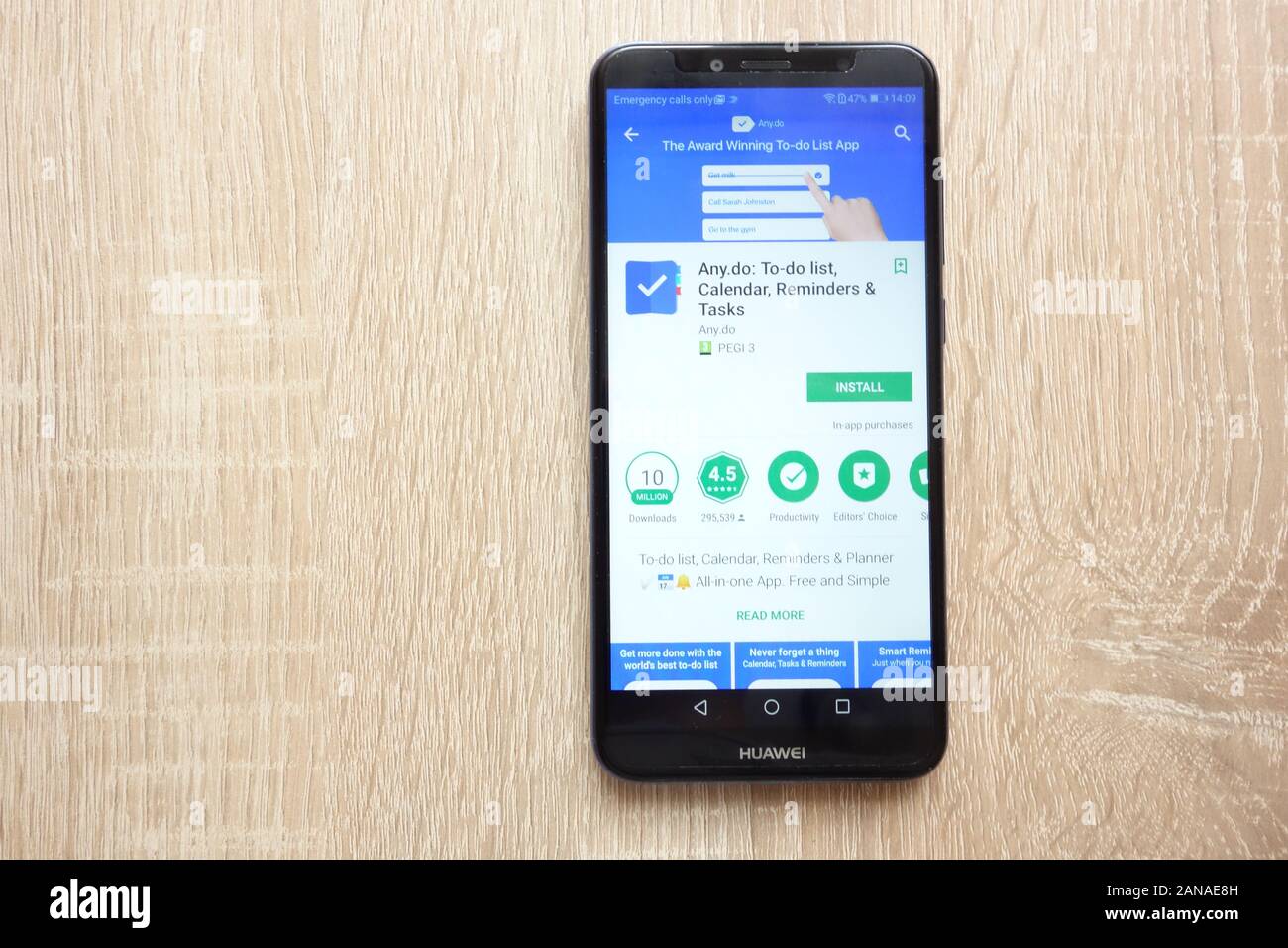 Qualsiasi.fare: elenco di cose da fare, Calendario, Promemoria e Attività app su Google Play Store sito web visualizzato su Huawei Y6 smartphone 2018 Foto Stock