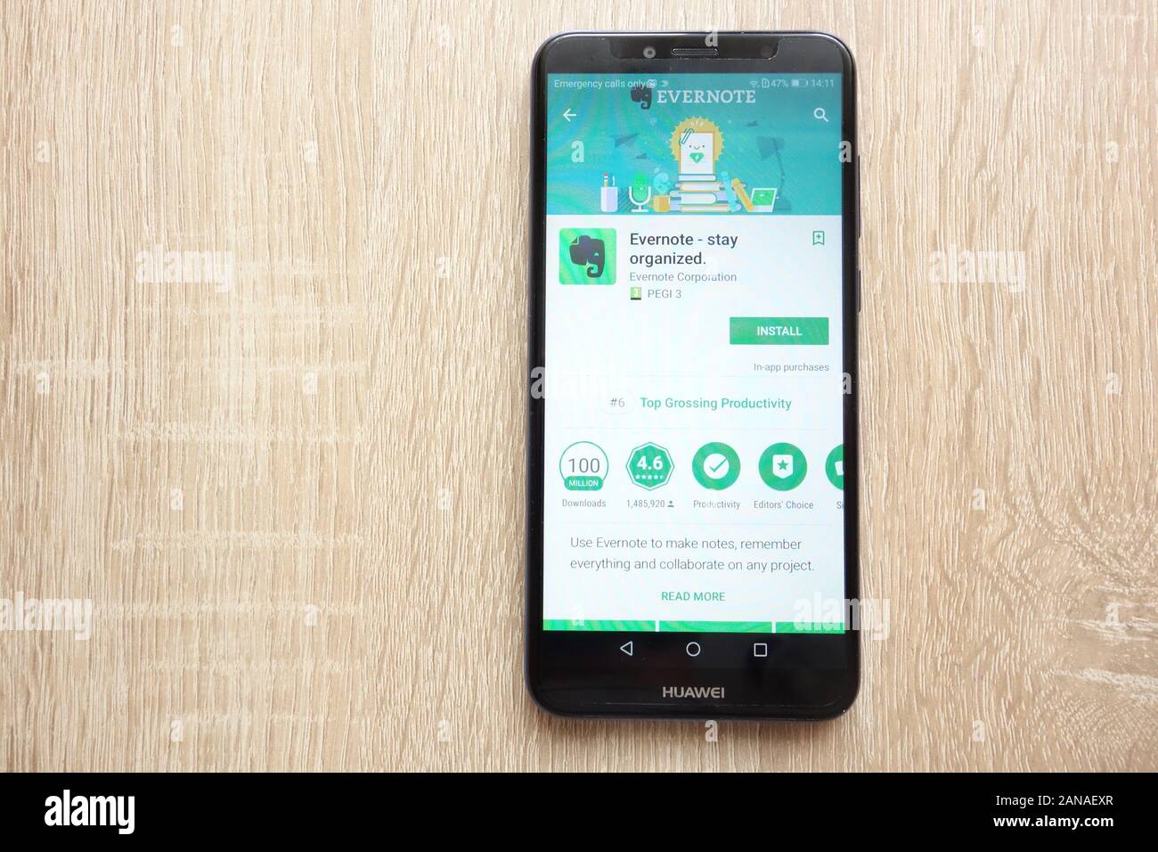 Evernote - soggiorno organizzato app su Google Play Store sito web visualizzato su Huawei Y6 smartphone 2018 Foto Stock