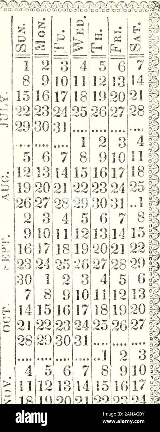 Vermont year book . WALTON, Montpelier. Non ho XXXVIII. - WALTONS YERMONT EEGISTER E GLI AGRICOLTORI ALMANACCO, che è il terzo dopo Bissextile o anno bisestile. Calcolato per tha meridiano di Slontpelier, lat. 44 17*., lungo. 425E. dal Campidoglio a Washington. ASTROJJOSirCAL, CALCOLI BT ZADOCK THOMPSON, A. M. MONTPELIER: PErSTED ASD PUEUSHED BT E. P. W.iLTON. JE, &k %l M sp ®. !§??". Almanacco. Co I i è i I: P I i 0 D d 1u 1 53 5 W; ^ ^ tL &gt; 1 - Le^ X - T 2 li 4 li 6 7 8 9 10 11 12 13 14 15 16 17 18 19 20 9A 22 23 24 25 26 27 28 :^ ?iO 31 ] 8 9 9 3 10 4 5 (i -j 11 12 13 14 15 16 17 18 19 20 21 22 2 Foto Stock