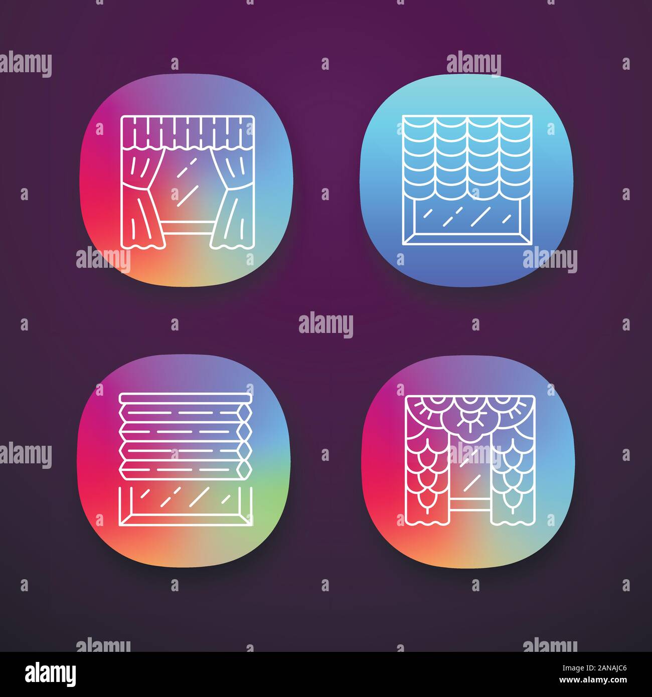I ciechi della finestra app set di icone. Austriaco, sfumature cellulare, tende di pizzo, finestra set di trattamento. Ufficio progettazione di interni. UI/UX interfaccia utente. Web o mobi Illustrazione Vettoriale