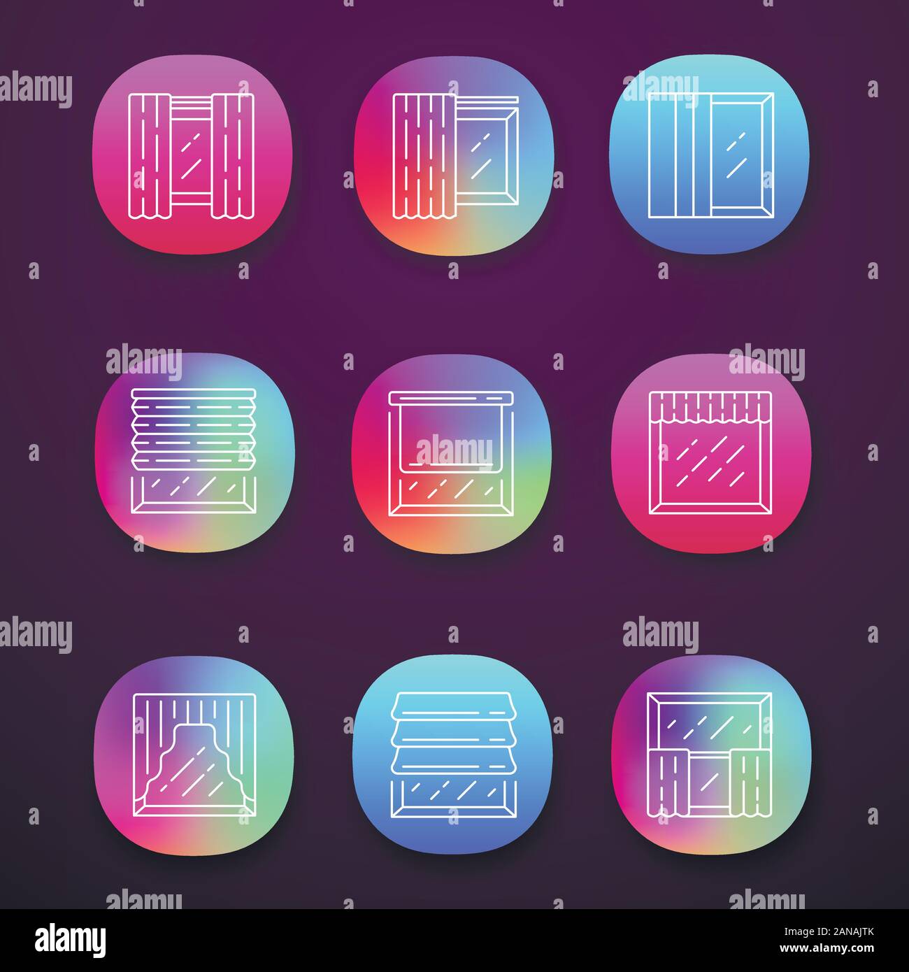 Otturatori della finestra app set di icone. Rullo, sfumature romano, pannello, festoni, paracolpi. Persiana motorizzate. Home Shop interno. UI/UX interfaccia utente. Web o mobil Illustrazione Vettoriale