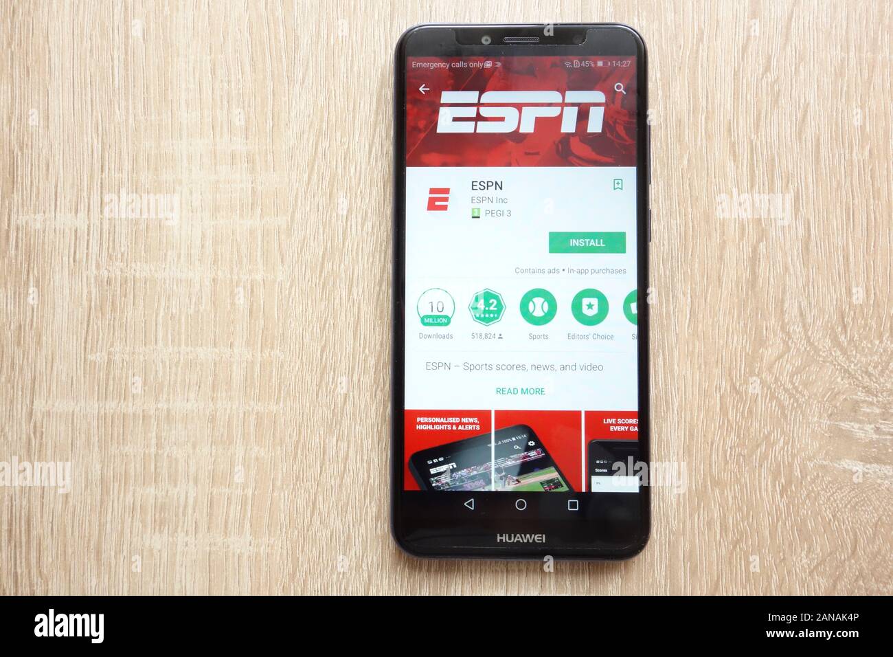 ESPN app su Google Play Store sito web visualizzato su Huawei Y6 smartphone 2018 Foto Stock