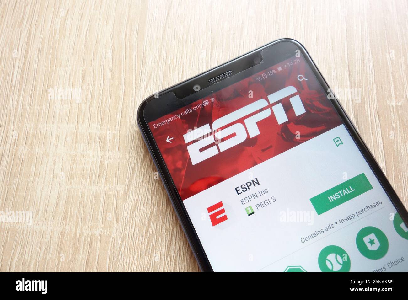 ESPN app su Google Play Store sito web visualizzato su Huawei Y6 smartphone 2018 Foto Stock