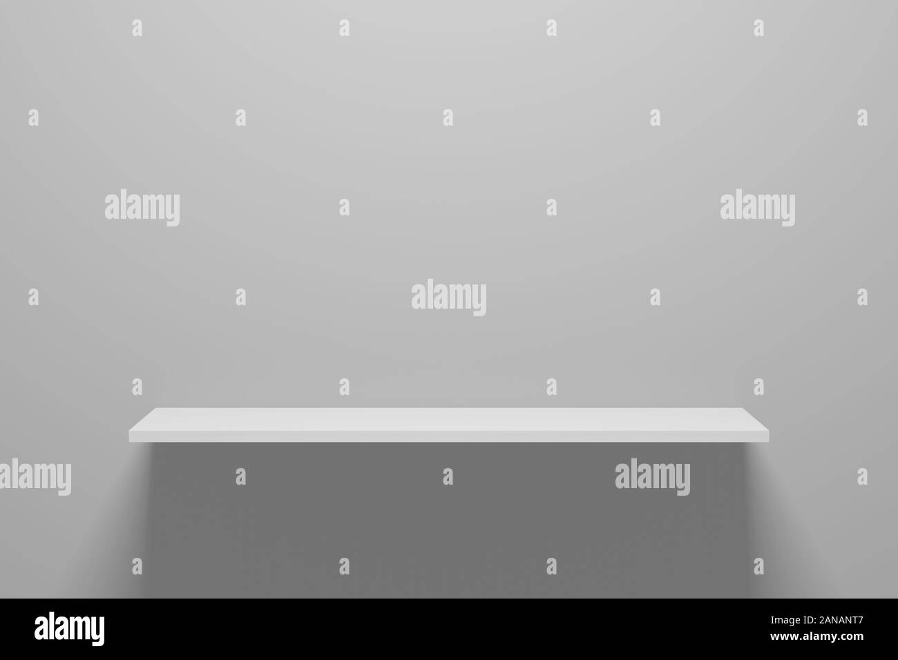 Realistiche in 3D rendering. Vista frontale del ripiano vuoto sul muro grigio lo sfondo con il moderno concetto di minima. Il display di sala scaffali per la mostra. Foto Stock
