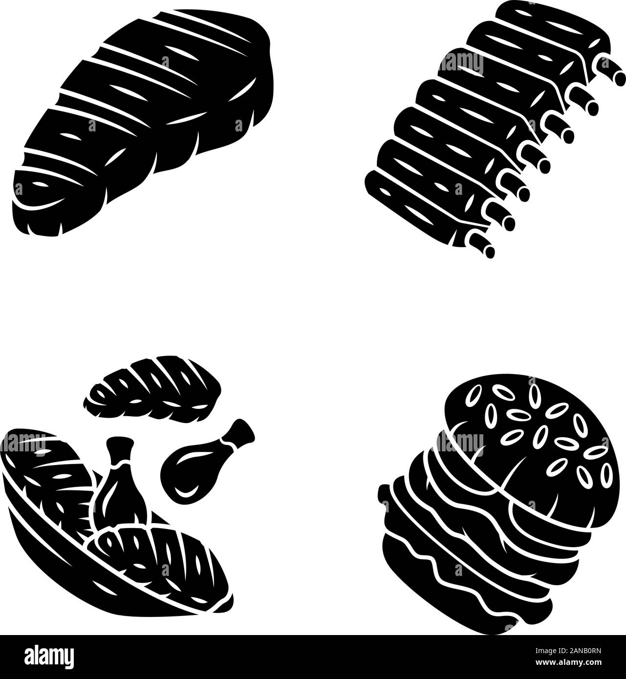 Piatti a base di carne di glifi set di icone. Bistecca di manzo, nervature, le cosce di pollo, burger. Fast food. Butcher Shop prodotto. Ristorante, grill bar, steakhouse menu. Silhouet Illustrazione Vettoriale