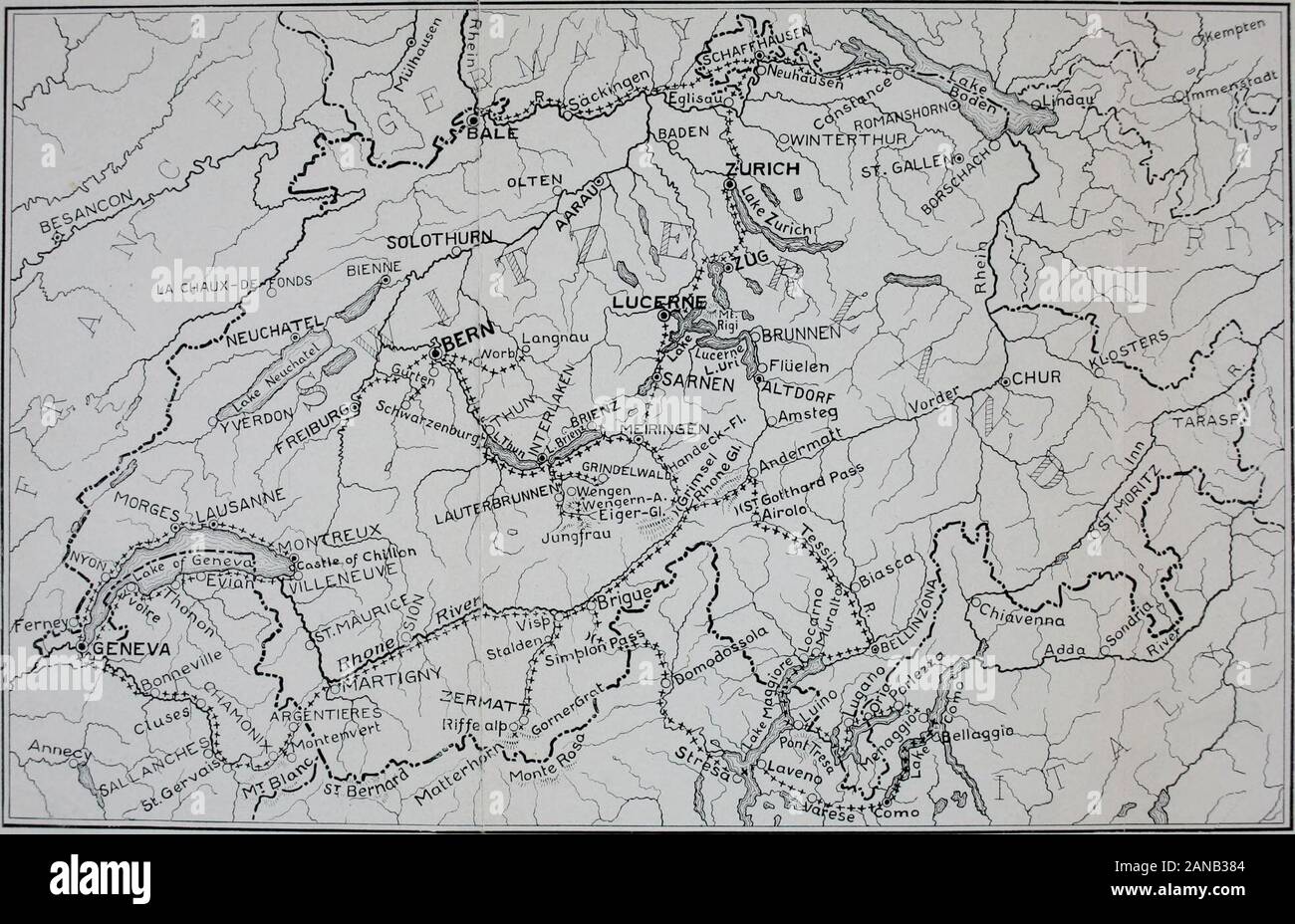 La Svizzera e i suoi paesaggi, di storia e di opere letterarie associazioni . s e tun-nel 151 VIII. In lui.rt delle Alpi 182 IX. Chamonix e dintorni .... 216 X. Ginevra e il suo lago 255 Index 291 illustrazioni la tragedia del Cervino .... FrorUutpiete pagina di fronte Mappa di Svizzera 1 la cappella Guglielmo Tell 22 Zurigo 62 Lucerna, con Mt. Rigi 74 Il Leone di Lucerna 80 Mt. Pilatus 84 Vitznau 88 Brunnen 92 Il Axnstrasse 96 di Berna e il fiume Aar 102 le alpi Bernesi 110 Jungfrau da Interlaken 122 la Valle di Lauterbrunnen 128 Monch e Eiger 132 il mare Marjelen 142 il Wetterhorn e t Foto Stock
