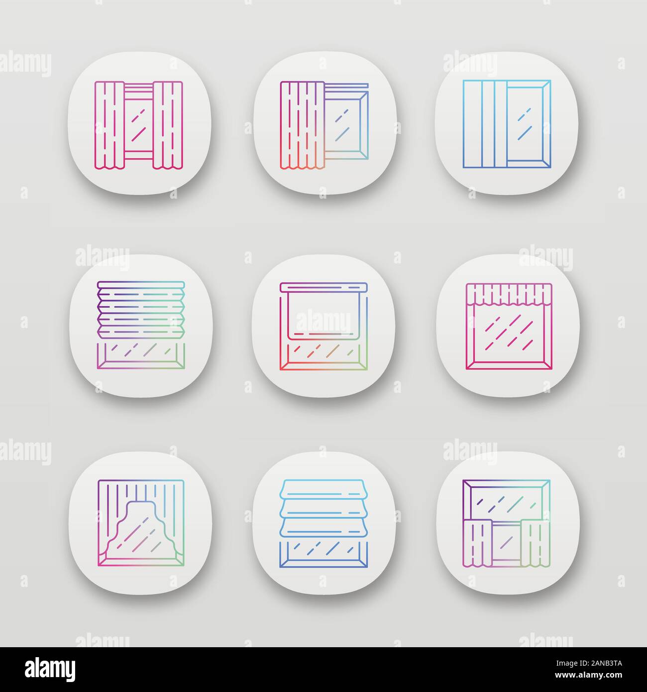Otturatori della finestra app set di icone. Rullo, sfumature romano, pannello, festoni, paracolpi. Persiana motorizzate. Home Shop interno. UI/UX interfaccia utente. Web o mobil Illustrazione Vettoriale