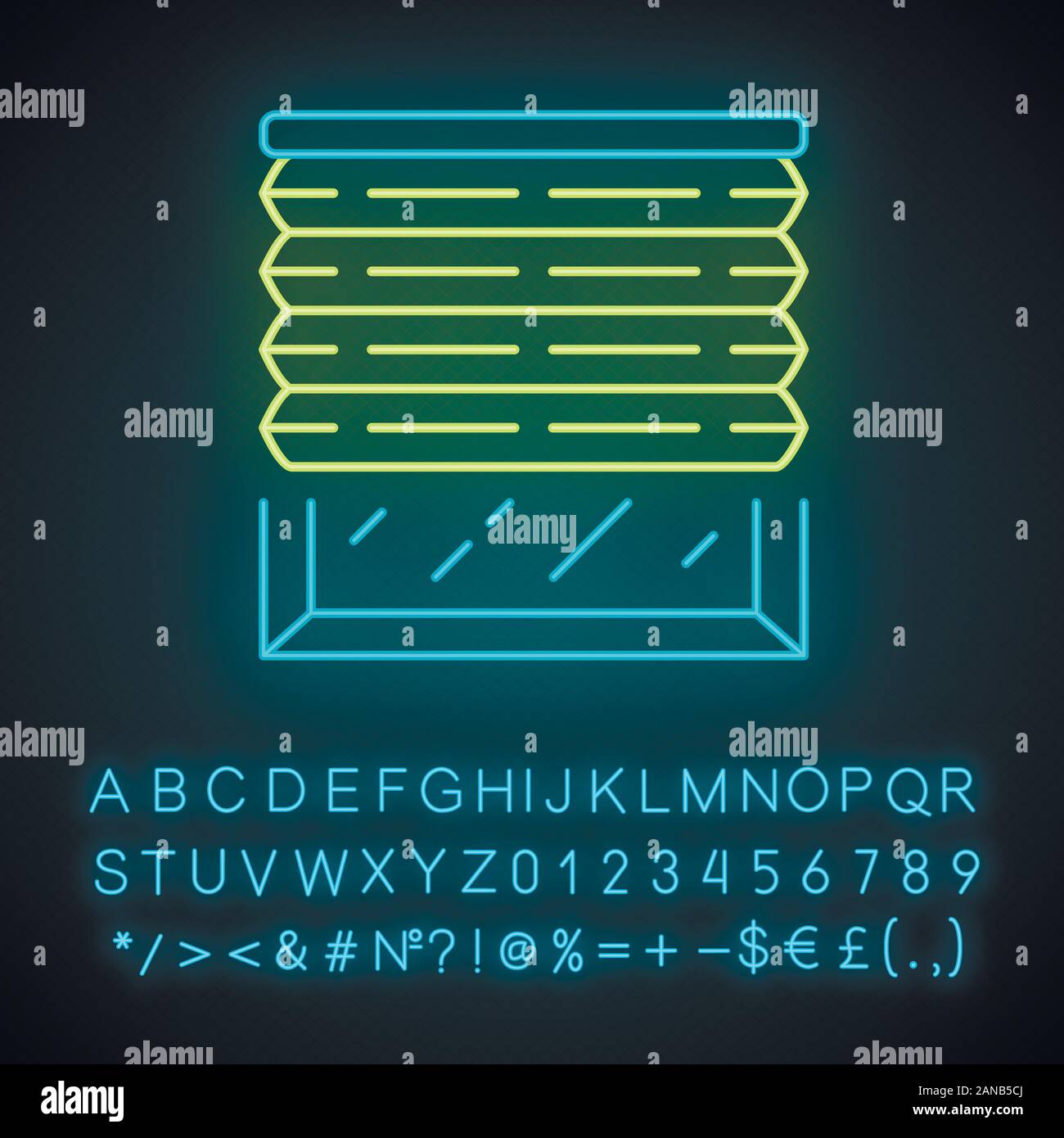 Persiane pieghettata una luce al neon icona. Sfumature di cellulare. Casa i ciechi della finestra. Tapparelle, persiane. Home decor shop. Segno incandescente con alfabeto, numeri Illustrazione Vettoriale