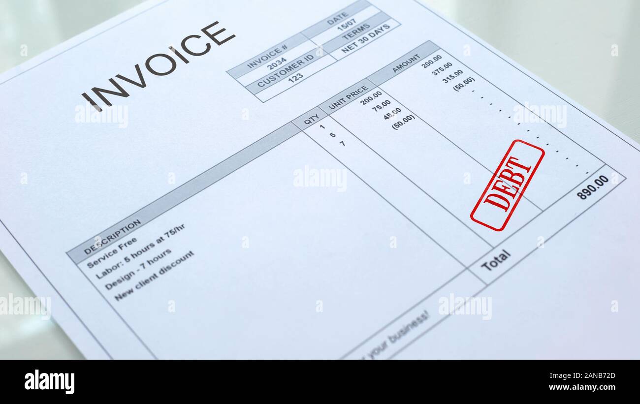 Guarnizione di tenuta del debito stampigliato sul documento fattura, pagamento aziendale, prestiti e crediti Foto Stock
