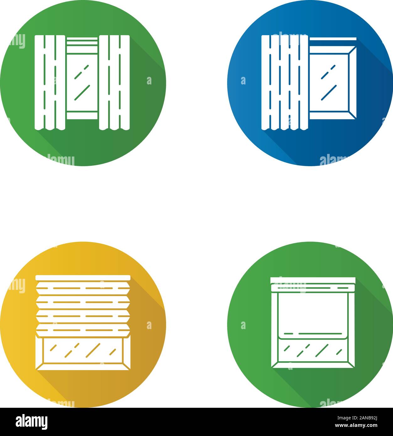 Coperture per finestre tende e design piatto lungo ombra glifo set di icone. Coppia del pannello, le vie, pieghettata persiane, tapparelle. Interior design, arredamento di casa Illustrazione Vettoriale