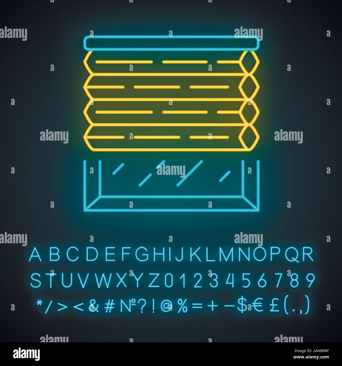 Cellular sfumature di luce al neon icona. I ciechi della finestra. Camera persiana oscurante. Ufficio, cucina, camera da letto decorazione di interni. Segno incandescente con alfabeto, num Illustrazione Vettoriale