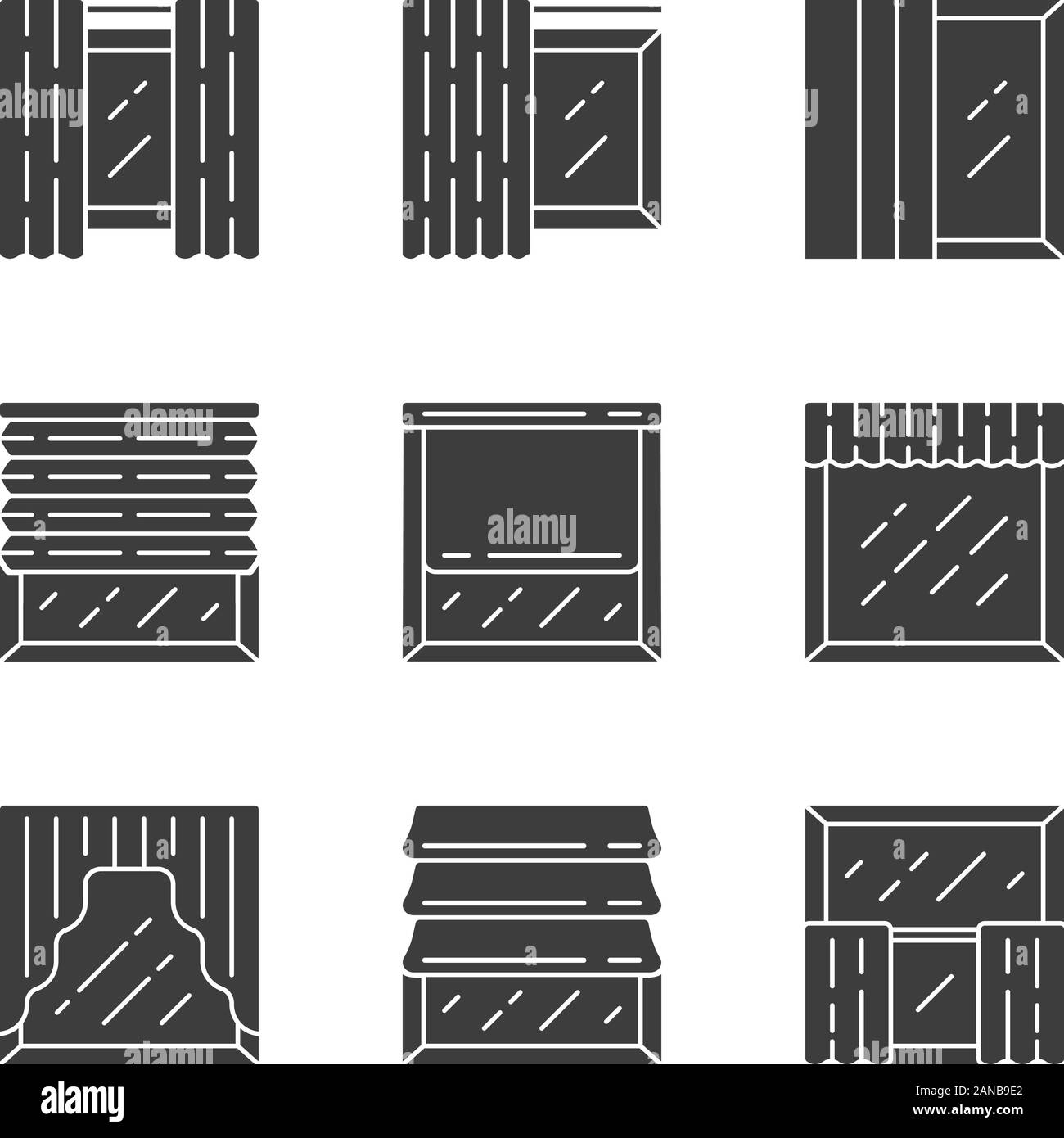 Persiane alle finestre glifo set di icone. Rullo, sfumature romano, festoni, paracolpi. Persiana motorizzate. Casa e Ufficio decorazione della finestra. Home Shop interno. Sil Illustrazione Vettoriale