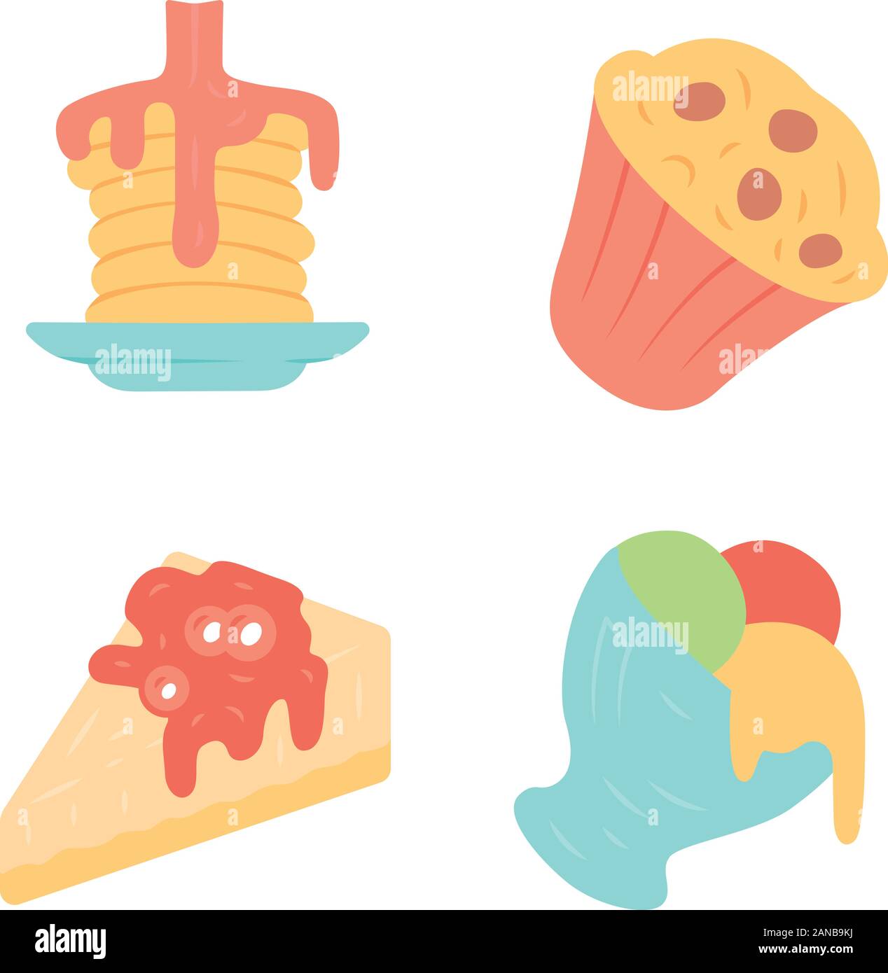 Dessert design piatto lungo ombra le icone a colori set. Frittelle, muffin, cheesecake, gelato. Panificio e Pasticceria. Plombir, gelato. Sweet Food, co Illustrazione Vettoriale