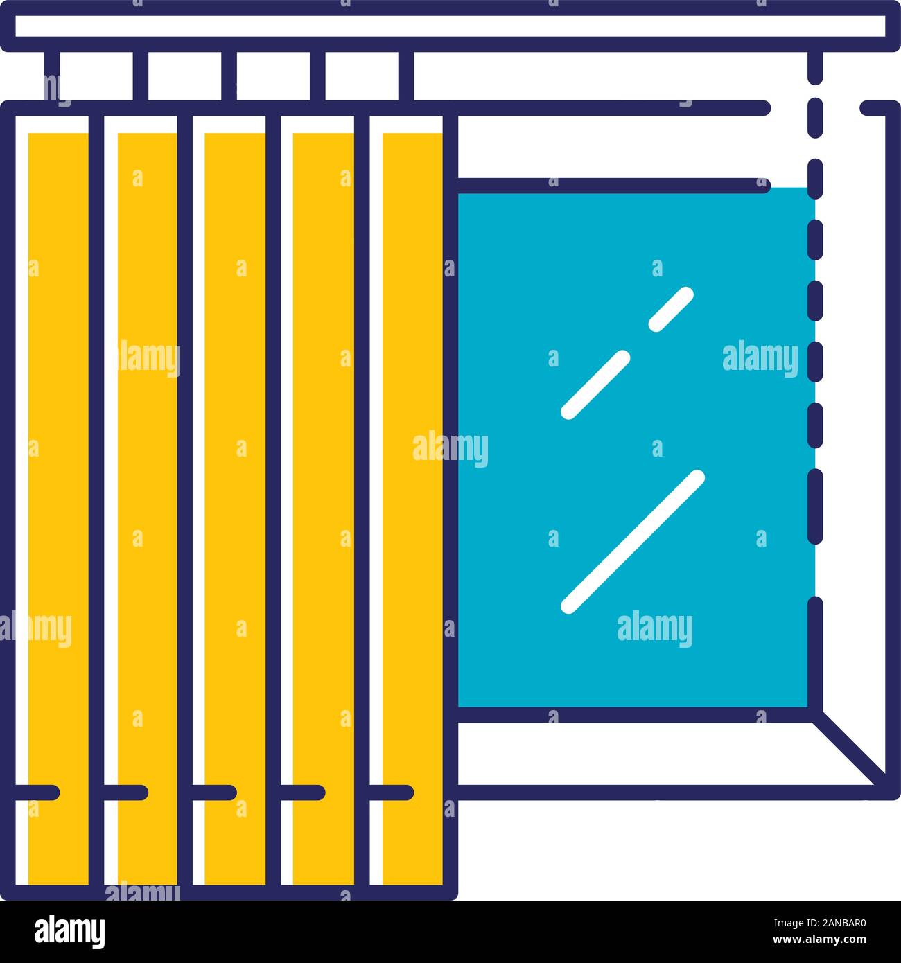 Veneziane verticali a colori con icone. Ufficio e Casa la copertura per una finestra. Home progettazione di interni. Cucina, camera da letto con letto matrimoniale, soggiorno inscurimento della decorazione. Finestra treatme Illustrazione Vettoriale