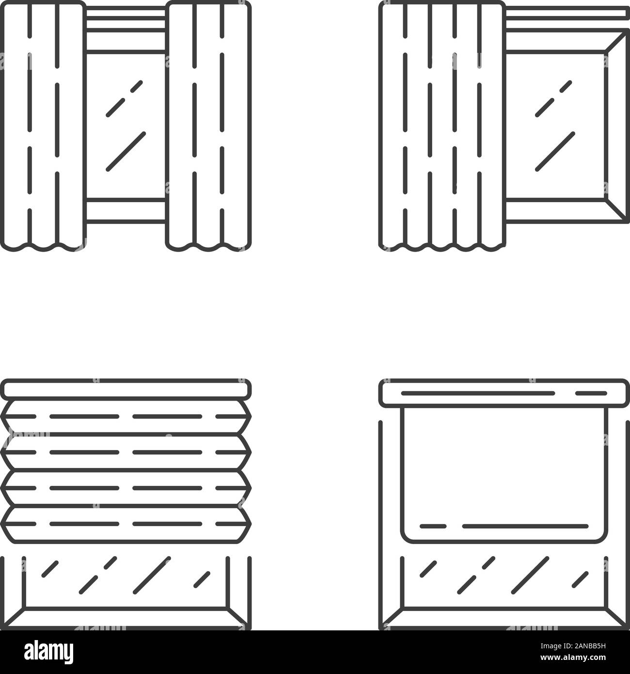 Coperture per finestre tende e lineare di set di icone. Coppia del pannello, le vie, pieghettata persiane, tapparelle. Home decor shop. Linea sottile simboli di contorno. Isolare Illustrazione Vettoriale