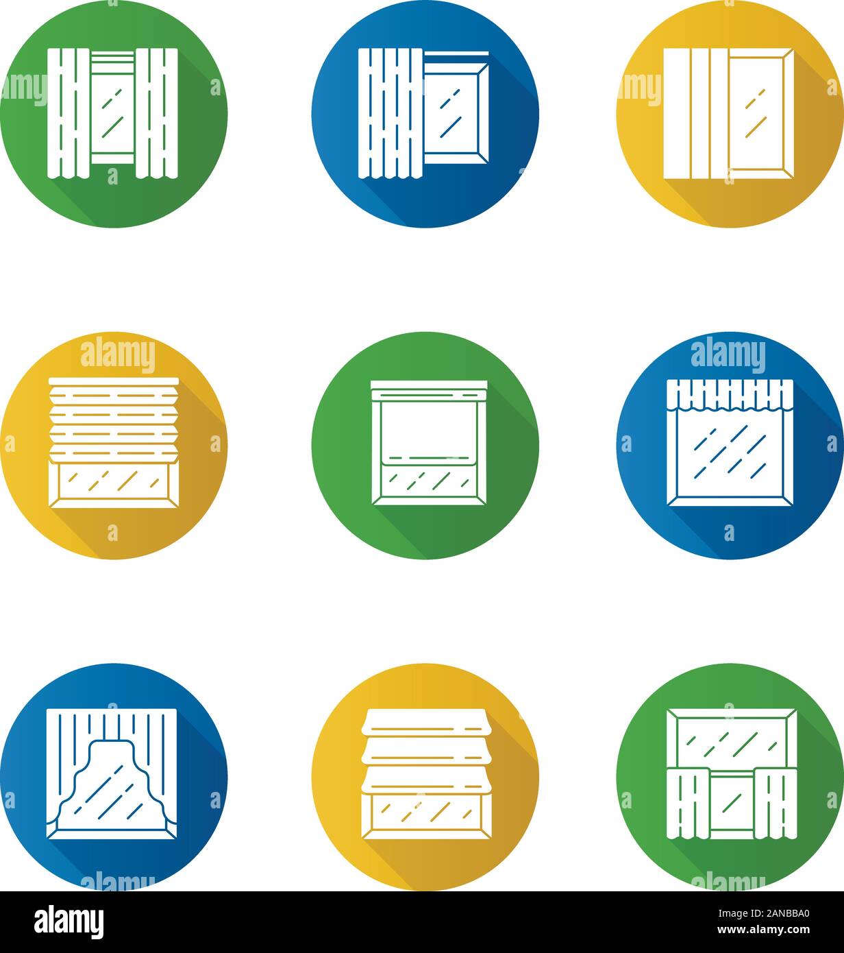 Persiane di design piatto lungo ombra glifo set di icone. Rullo, sfumature romano, pannello, festoni, paracolpi. Persiana motorizzate. Decorazione della finestra. Home int Illustrazione Vettoriale