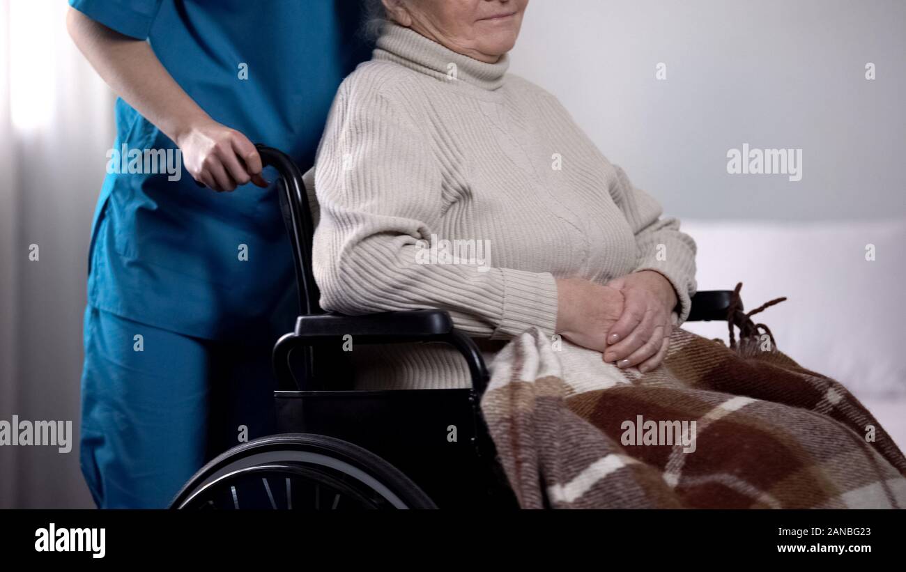 Volunteer avendo cura circa donna anziana in carrozzina coperto da una coperta Foto Stock
