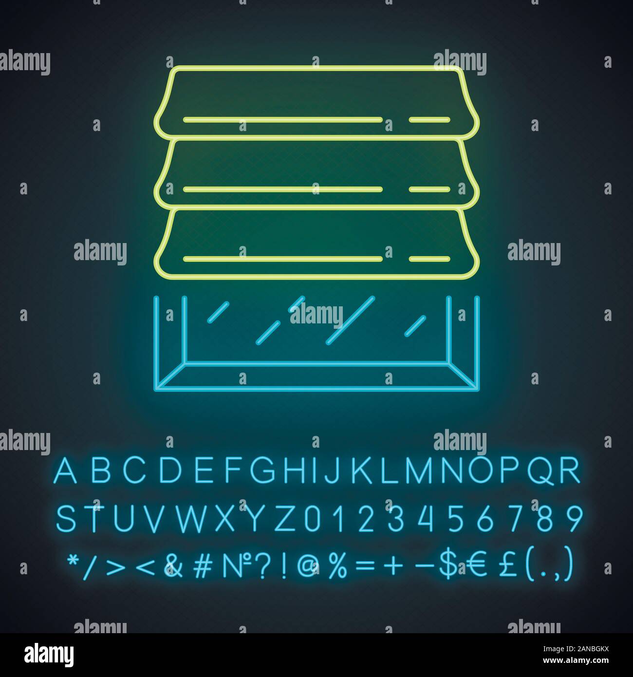 Roman sfumature di luce al neon icona. Cucina, Soggiorno decor. Home Shop interno. La copertura per una finestra, persiana motorizzate. Segno incandescente con alfabeto, numeri Illustrazione Vettoriale