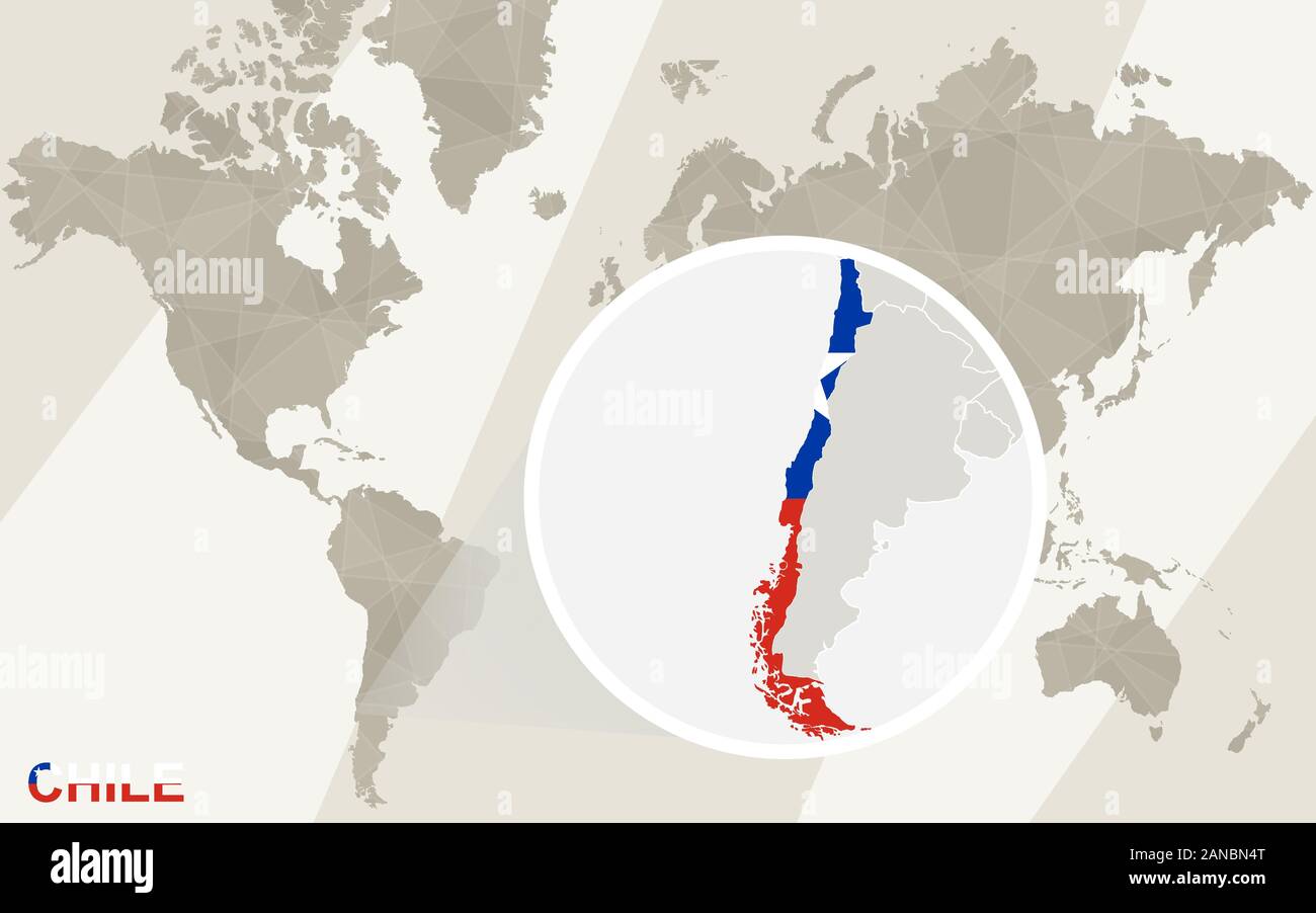 Zoom sulla Mappa di Cile e bandiera. Mappa del mondo. Illustrazione Vettoriale