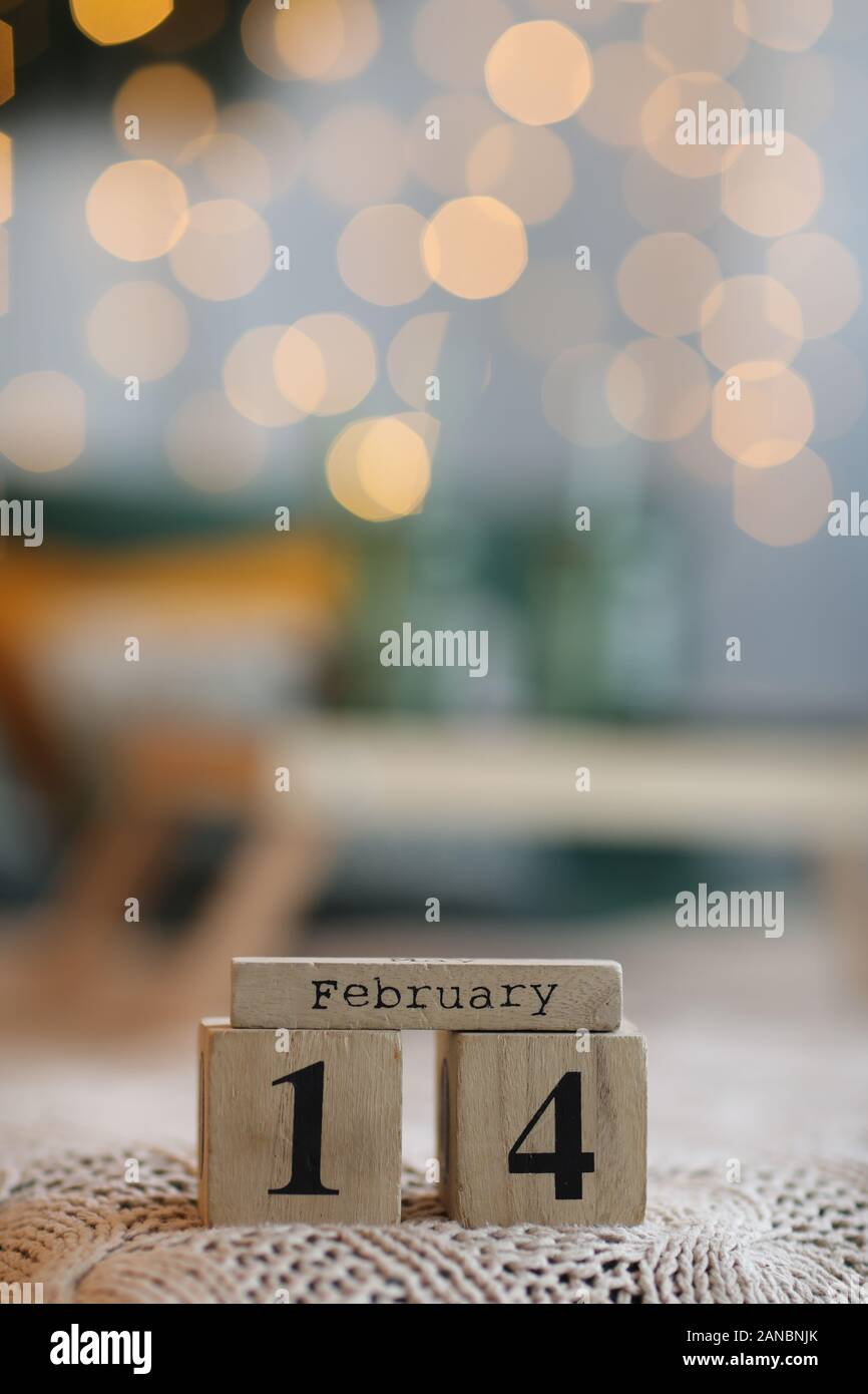 Il giorno di San Valentino del concetto. Cubo di legno calendario con 14 febbraio Foto Stock