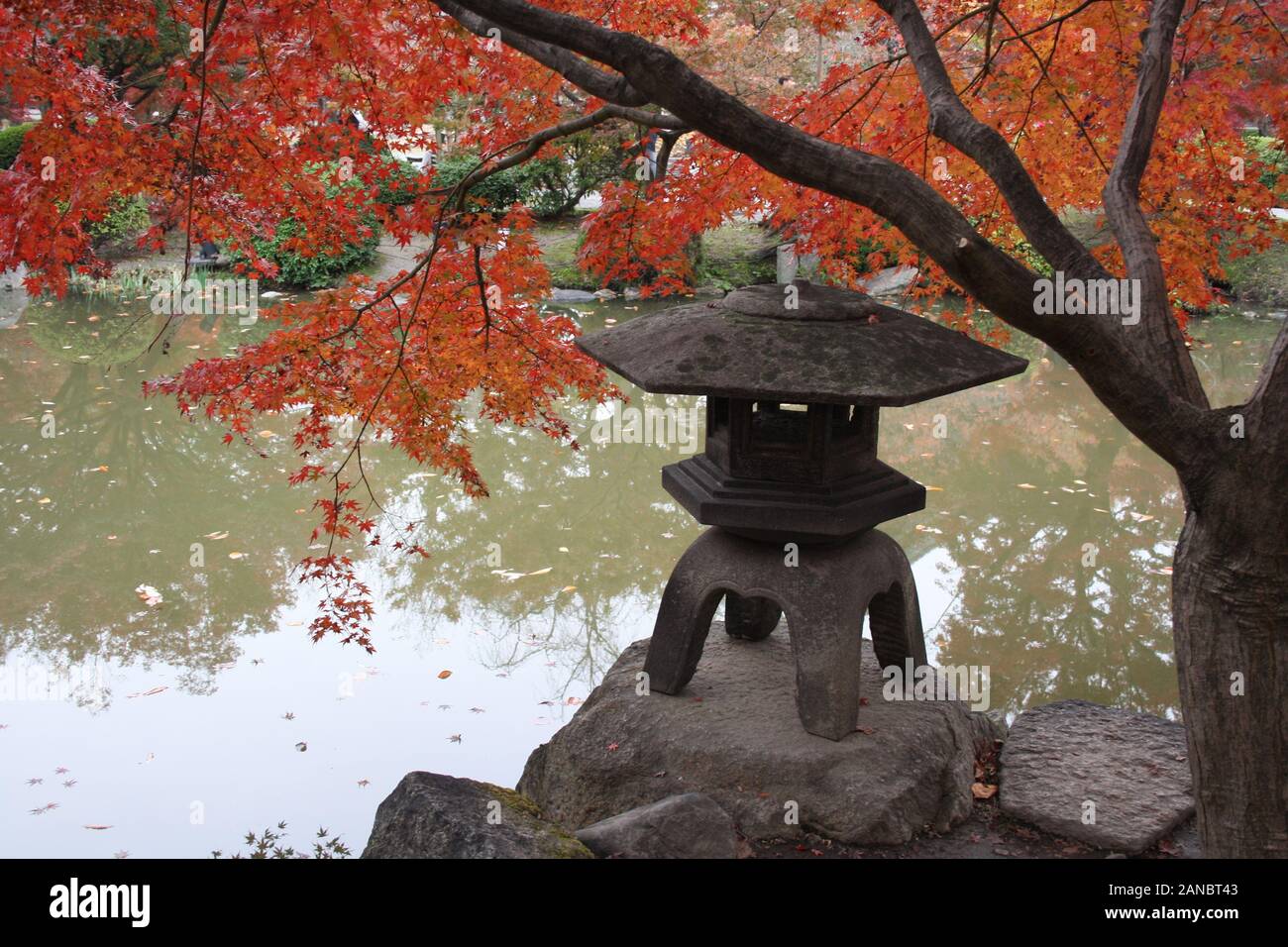 Un giapponese lampada di pietra sul bordo di un tranquillo laghetto nei giardini del Tempio Toji a Kyoto, Giappone Foto Stock