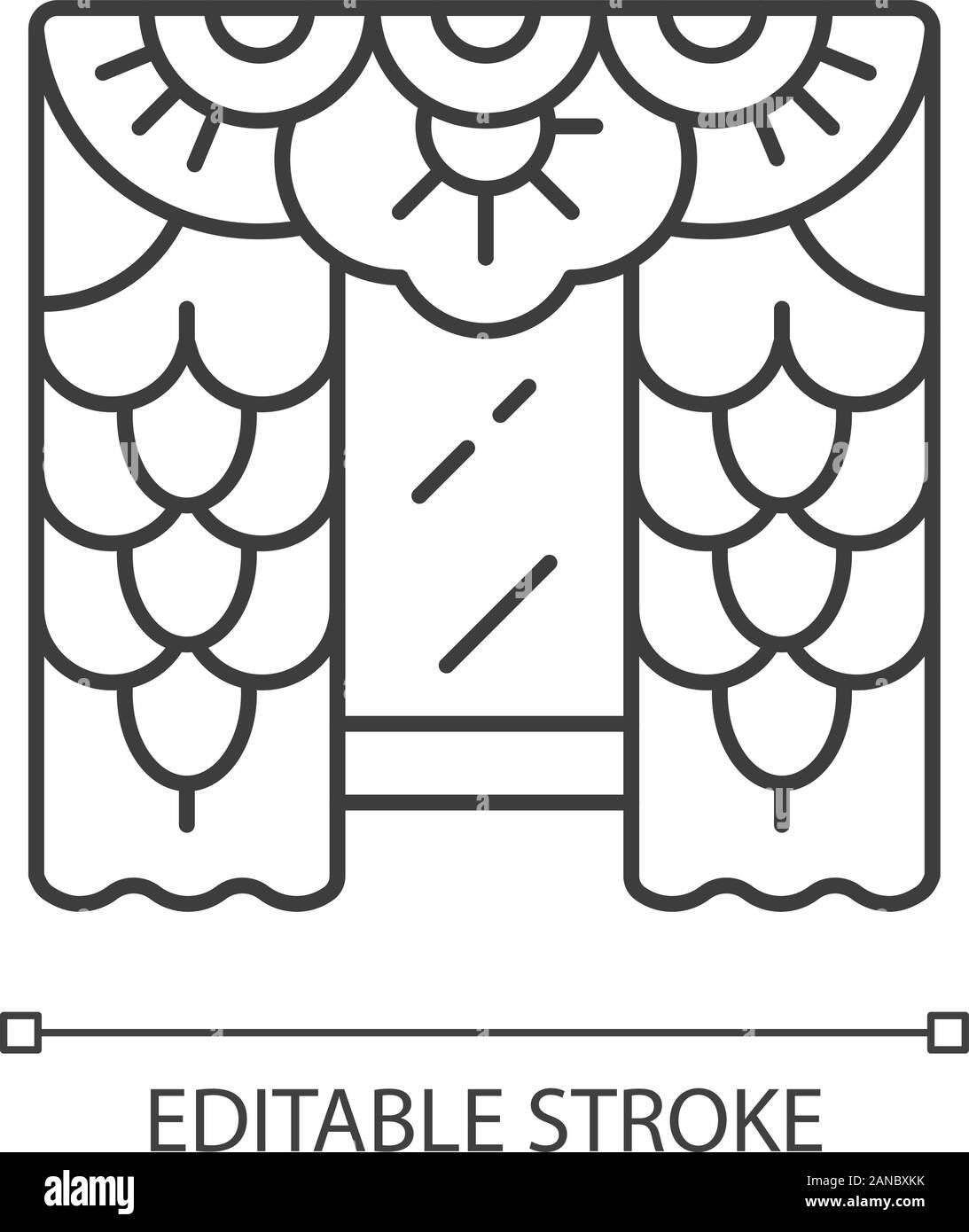 Tende di pizzo icona lineare. Interno di una casa di design. Trattamenti di finestra. Vintage tende floreali, veneziane oscuranti. Linea sottile illustrazione. Simbolo di contorno. Illustrazione Vettoriale