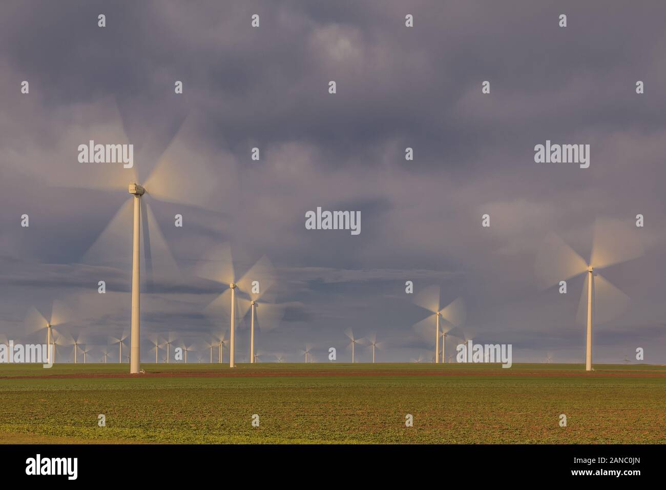 Wind Turbine di potenza su una collina in mattina. Dobrogea, Romania Foto Stock