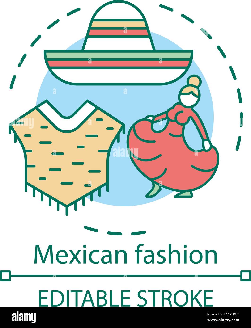 Mexican fashion concept icona. Sud Americana di abiti tradizionali. Il poncho, sombrero, donna in lungo abito rosso idea sottile linea illustrazione. Isolat di vettore Illustrazione Vettoriale