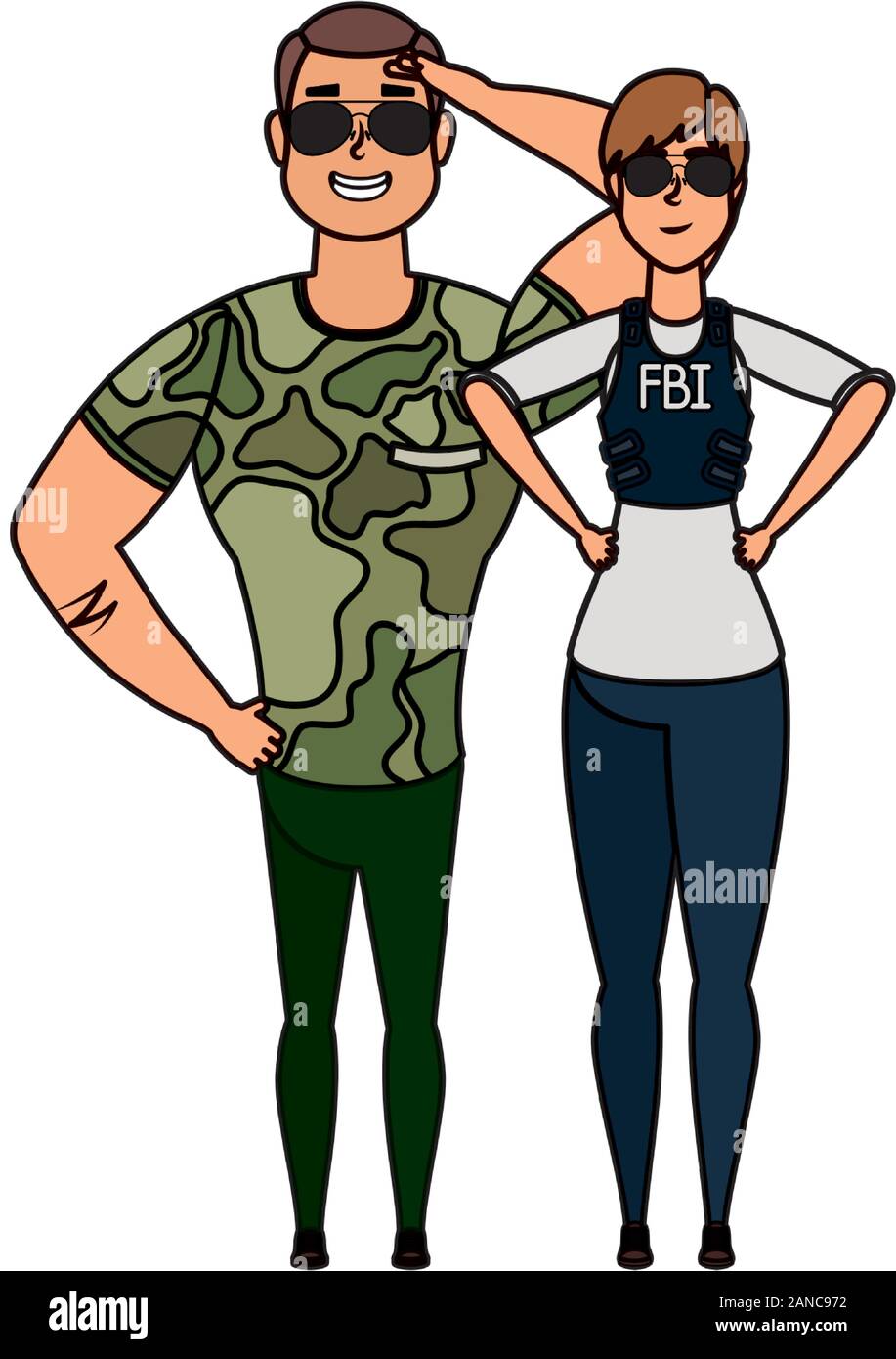 Giovane uomo militare con donna FBI agent Illustrazione Vettoriale