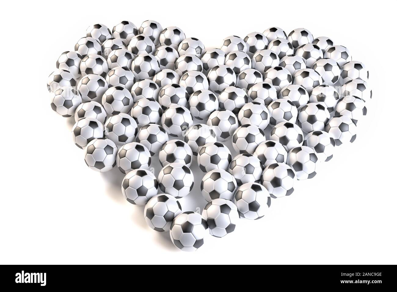 3D render: amante del calcio - il giorno di San Valentino per i tifosi di calcio - a forma di cuore di sfere soccers isolato su bianco con le ombre Foto Stock