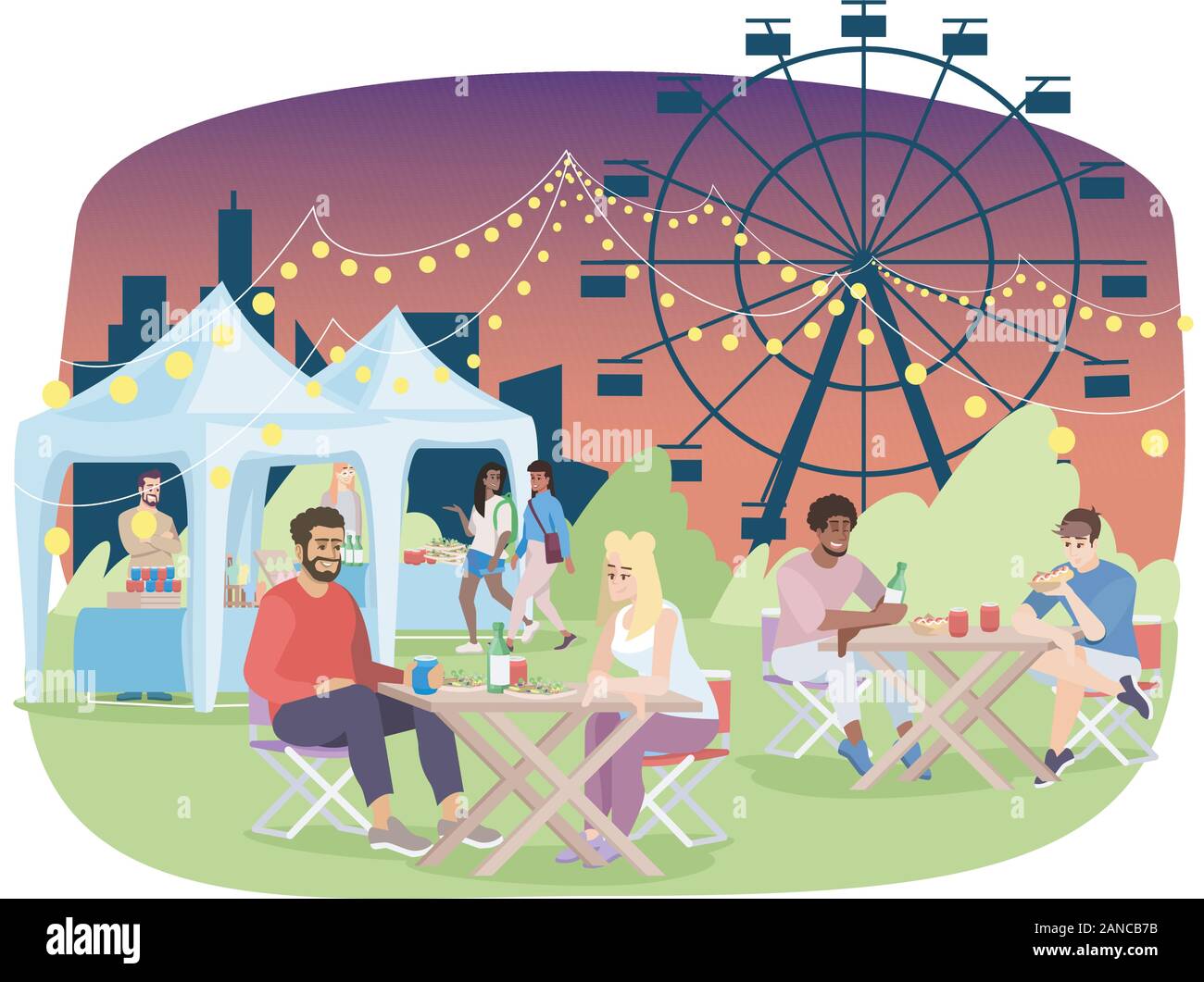 Notte estiva fiera flat illustrazione vettoriale. Parco di divertimenti, luna park, il carnevale, il festival di intrattenimento. Paio di mangiare al ristorante cafe esterno sulla fiera auto Illustrazione Vettoriale