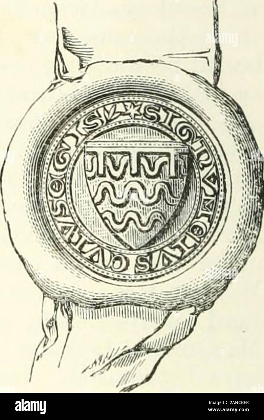 La Rivista archeologica . limiti e nomi,senza dubbio di interesse locale. Il solo reddendo è una rosa atMidsummer annualmente al posto di tutti i servizi. I testimoni sono Sir Heryeyde Stanhowe, Sir Roger de Toftes, Sir James Luvel, Sir Nicholas deDockingge e altri. È abbastanza scritto su una pelle di circa 12 inchessquare, e 33 linee. È senza data, e probabilmente presto nel reignof Edward Ho, o in ritardo di quella di Enrico III. La guarnizione di tenuta in cera marrone, qui inciso, showsa scudo triangolare, portante i bracci di Lovel,tre barre nebulce, e un'etichetta di tre punti.L'iscrizione Signum eius cui Foto Stock
