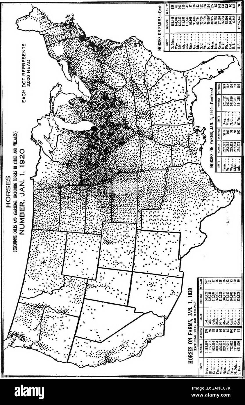 Un riepilogo grafico dell'agricoltura americana, in gran parte basato sul censimento del 1920 ... . Fig. 75.-a due terzi dei muli sono sollevati nella sezione occidentale del mais grano andWinter Kegion e la porzione meridionale della cintura di mais, i centri ofproduction essendo circa 300 miglia a sud dei centri di produzione di cavallo. Questo forse dovuto in parte all'adattamento del mulo a temperatura più calda rispetto a cavallo,ma anche in parte alla distanza più breve e minori costi di trasporto al CottonBelt wheie, la maggior parte dei muli sono inviati (vedere il maiale. 77). In precedenza il Kentucky e dieci-nessee erano il leadin Foto Stock