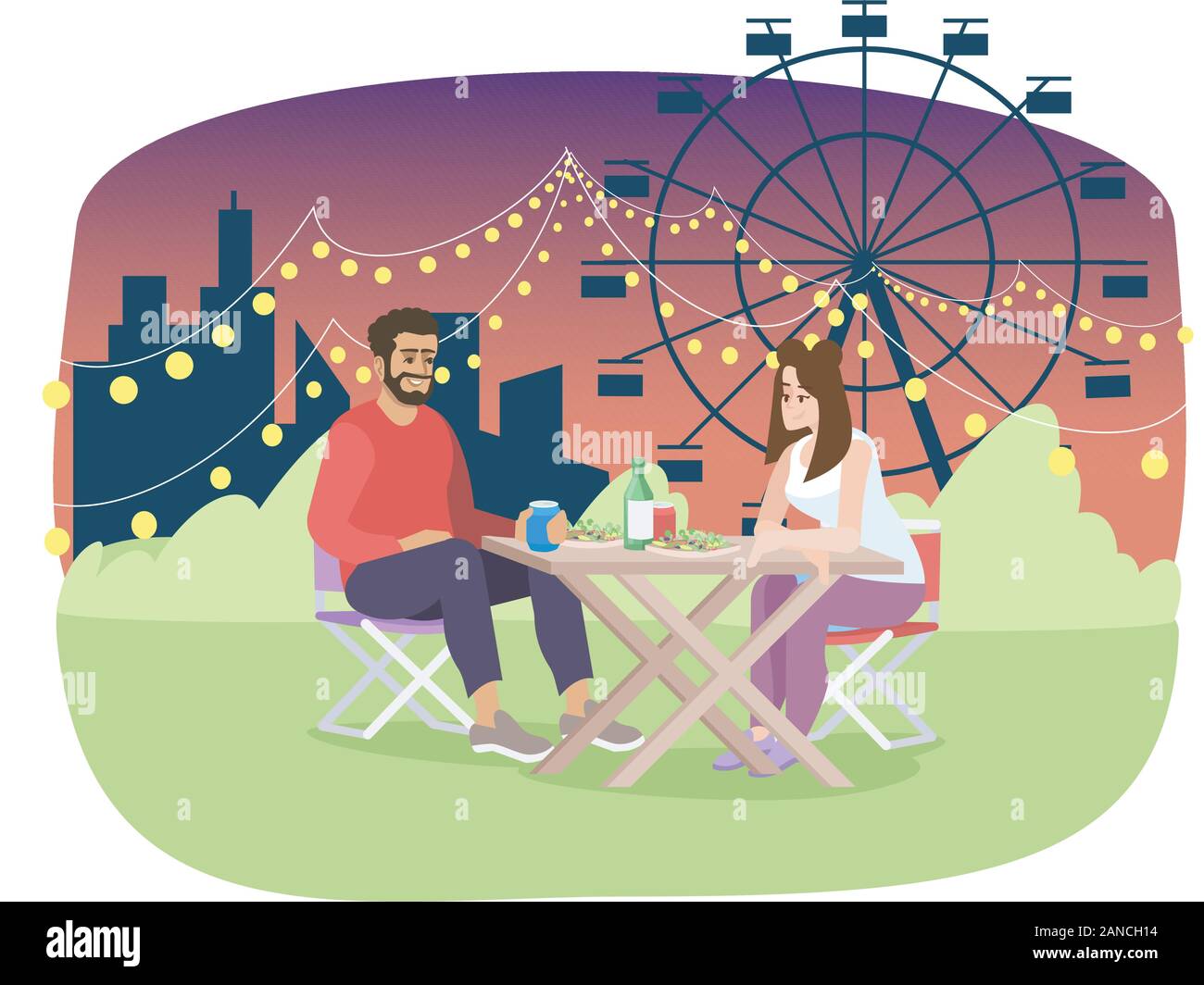 Giovane hanno cena romantica di notte equo figura piana. Il mio ragazzo e ragazza picnic sul personaggio dei fumetti. Summer Festival, il divertimento al parco della città, Illustrazione Vettoriale