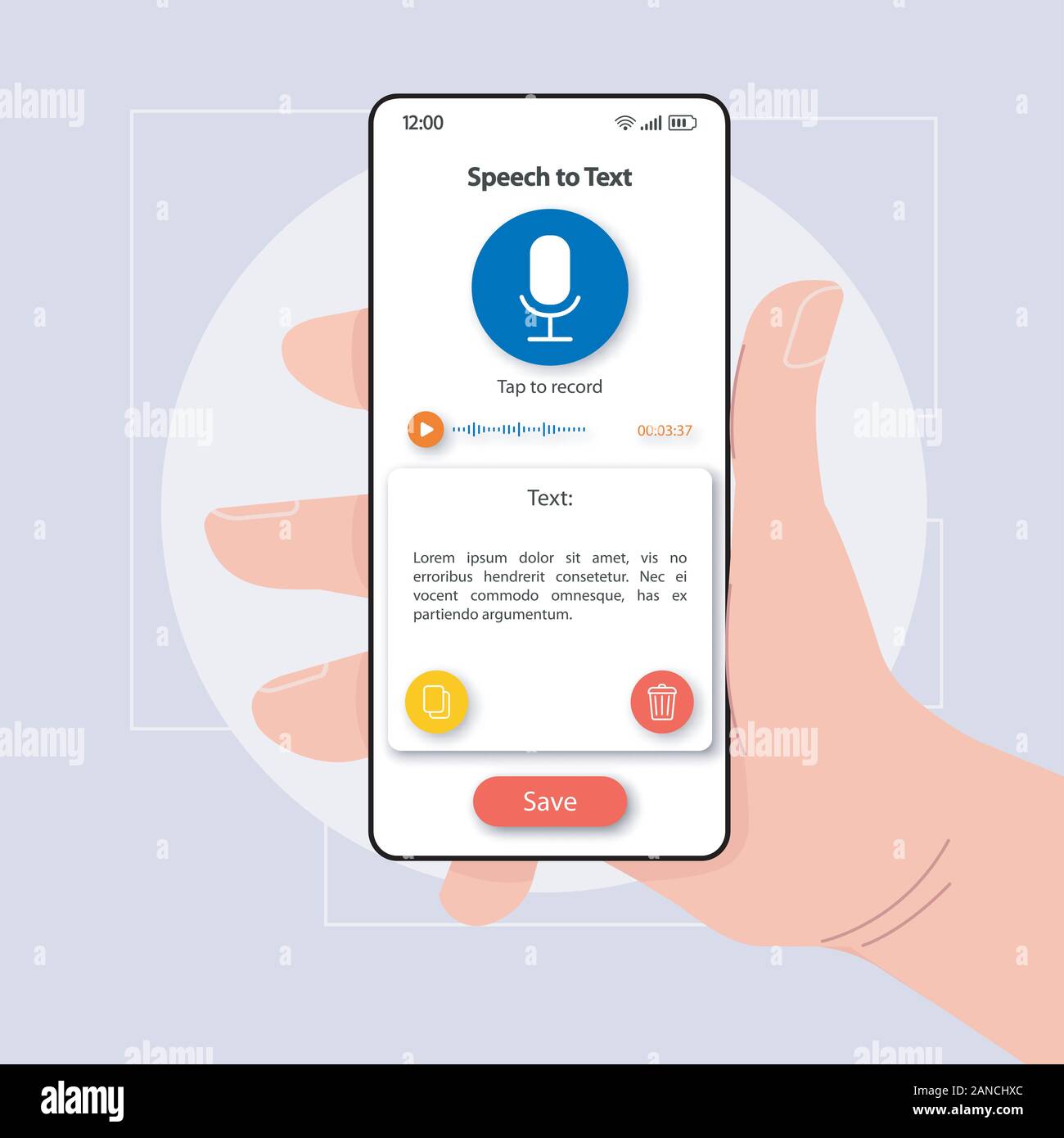 Discorso Al Convertitore Di Testo Di Interfaccia Dello Smartphone Template Vettoriale Mobile App Colore Pagina Layout Di Progettazione Registratore Vocale Sullo Schermo Interfaccia Utente Di Piana Per L Applicazione Ha Immagine E Vettoriale