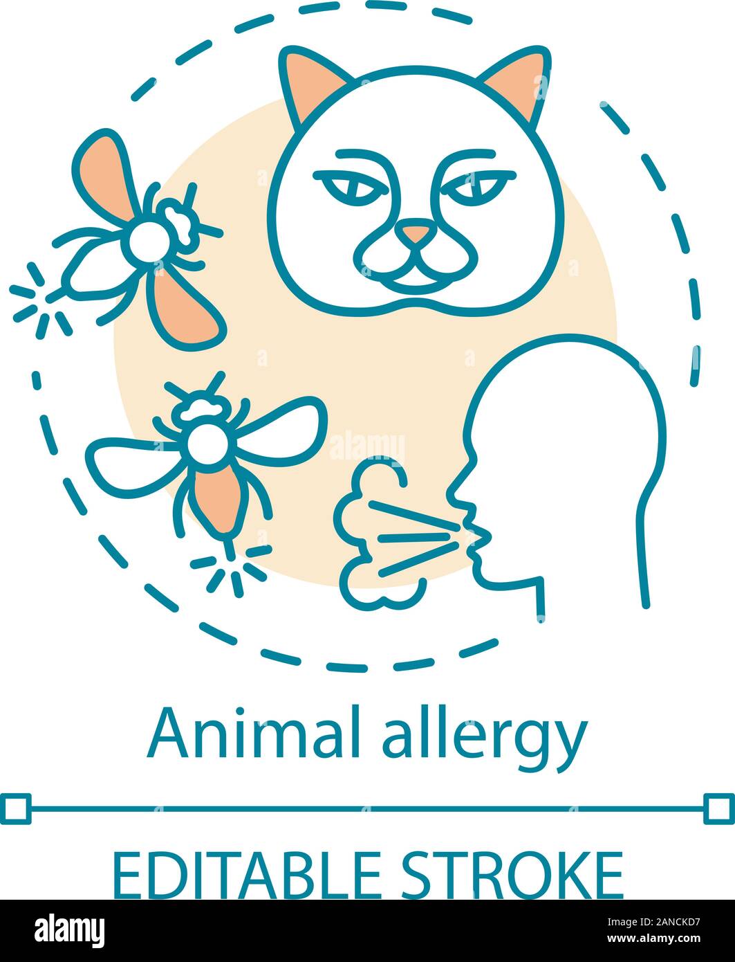 Allergia animale concetto icona. Reazione allergica alle punture di  insetti, gatti pelliccia, saliva e forfora. Gli allergeni Pet idea di  sensibilità sottile linea illustrazione. V Immagine e Vettoriale - Alamy