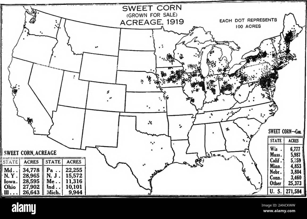 Un riepilogo grafico dell'agricoltura americana, in gran parte basato sul censimento del 1920 ... . Fig. 56.-i piselli, come cavoli, sono un cool-clima raccolto, ma in pea productionWisconsin è più importante di New York, avendo infatti un terzo del Nationsacreage. I distretti di Wisconsin includono Columbia, Dodge, Lago Verde, Sheboygan,e contee di Washington nel sud-est, Barron e Chippewa contee nel nord-ovest e Marinette e Oconto nel nord-est. Il distretto di New York, che ranksnext in importanza, si estende da Buffalo a Utica. Orientale e Maryland Delawarerank terza per importanza Foto Stock