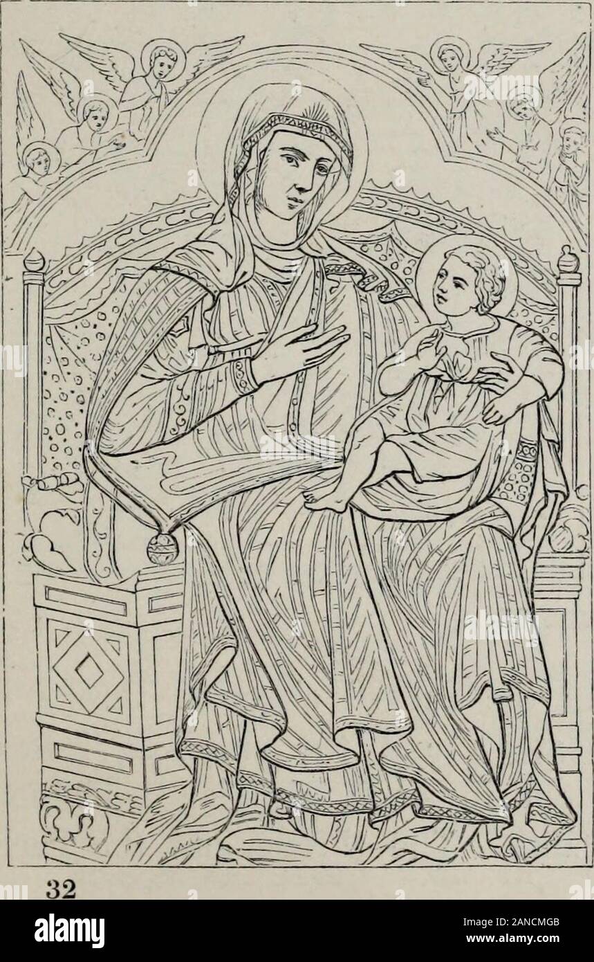 Le leggende della Madonna, come rappresentato nella fine artsForming la terza serie di sacro e leggendaria arte . n benedizione, e altre esteso. Tali erano le semplici, maestosa e deco-rous effigi, i legittimi successori del vecchio architecturalmosaics, e di solito collocati sopra l altare maggiore di una cappella churchor. I primi esempi che sono stati preservedare per questo motivo celebrata nella storia dell'arte. Il primo è la Vergine in trono di Guido da Siena, whopreceded Cimabue da venti o trent'anni. In questa immagine,la concezione bizantina e lo stile di esecuzione vengono fatti aderire Foto Stock Le leggende della Madonna, come rappresentato nella fine artsForming la terza serie di sacro e leggendaria arte . n benedizione, e altre esteso. Tali erano le semplici, maestosa e deco-rous effigi, i legittimi successori del vecchio architecturalmosaics, e di solito collocati sopra l altare maggiore di una cappella churchor. I primi esempi che sono stati preservedare per questo motivo celebrata nella storia dell'arte. Il primo è la Vergine in trono di Guido da Siena, whopreceded Cimabue da venti o trent'anni. In questa immagine,la concezione bizantina e lo stile di esecuzione vengono fatti aderire Foto Stock